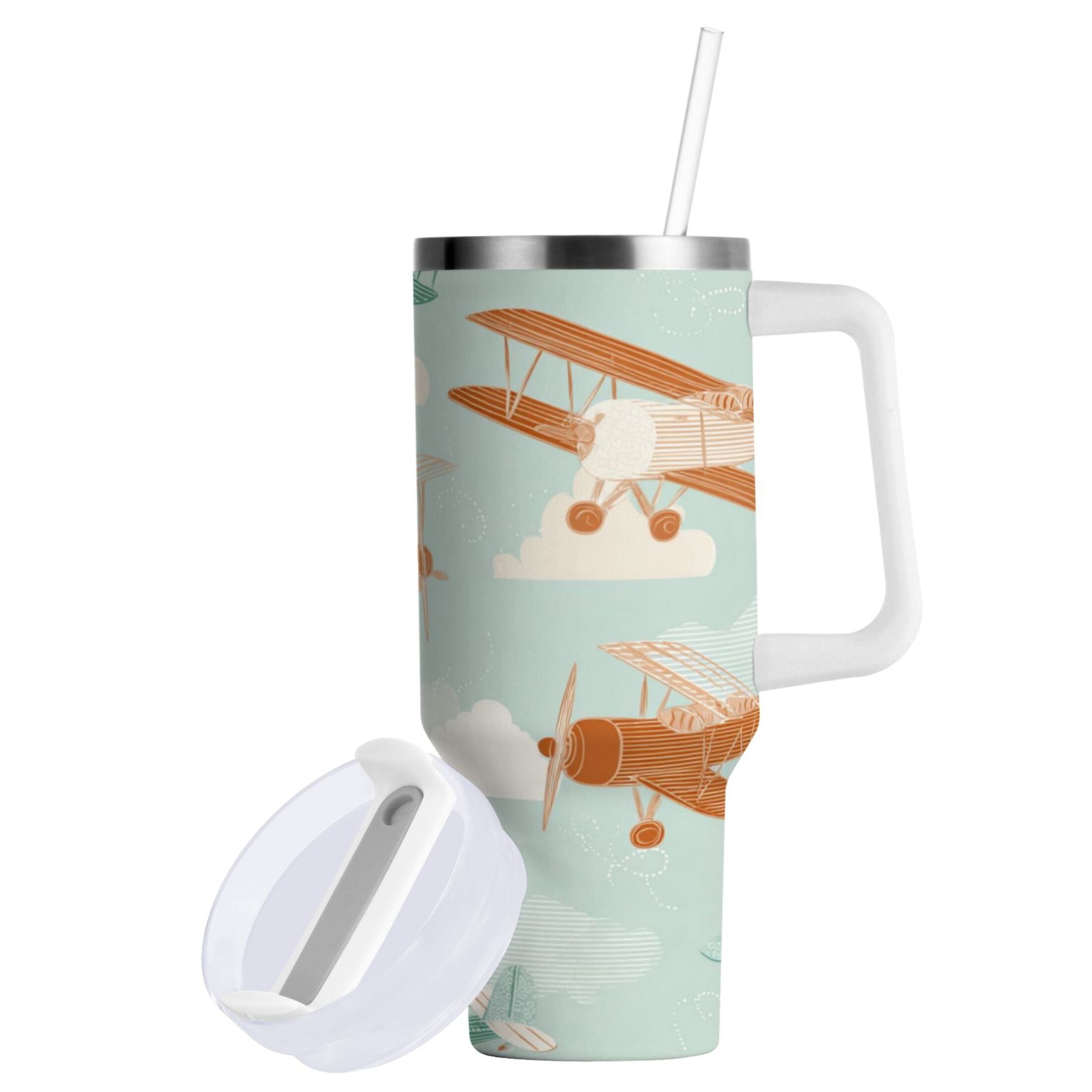 40 oz Insulated Stainless Steel Tumbler Double Wall Stainless Steel Tumbler with 2-Way Drinking Cute Airplanes M647W