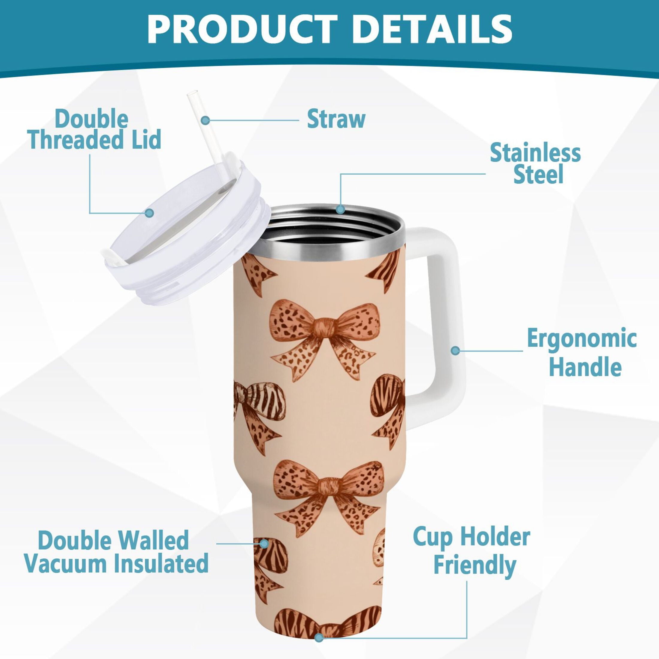 40 oz Insulated Stainless Steel Tumbler Double Wall Stainless Steel Tumbler with 2-Way Drinking Leopard Print Bow M550A