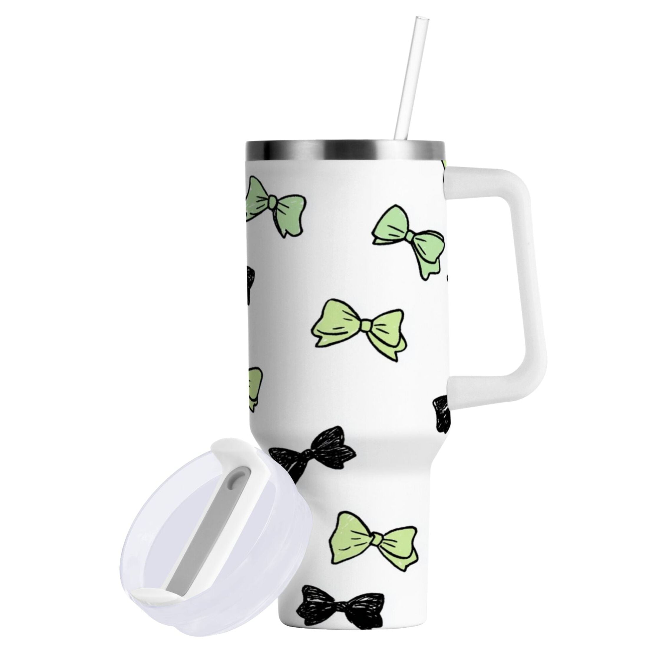 40 oz Insulated Stainless Steel Tumbler Double Wall Stainless Steel Tumbler with 2-Way Drinking Green and Black Bows M553F