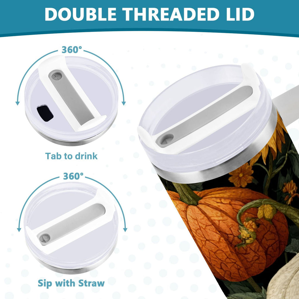 40 oz Insulated Stainless Steel Tumbler Double Wall Stainless Steel Tumbler with 2-Way Drinking Pumpkins and Sunflowers Pattern M560Y