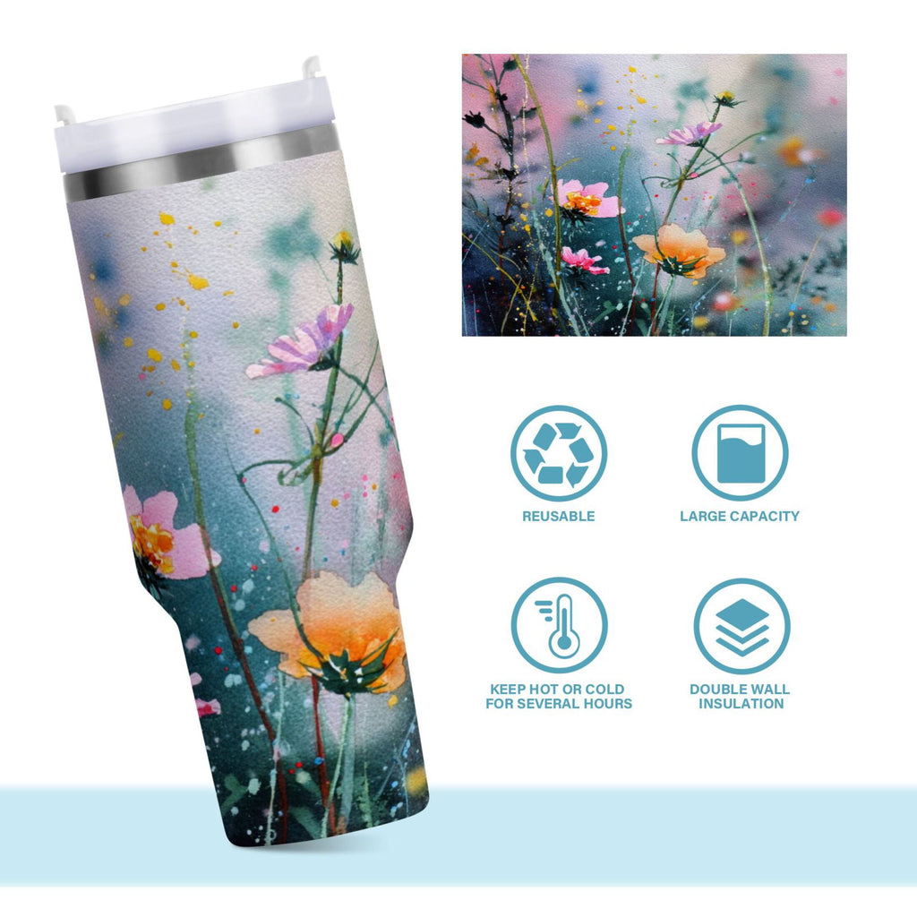 40 oz Insulated Stainless Steel Tumbler Double Wall Stainless Steel Tumbler with 2-Way Drinking Abstract Wildflowers M504U