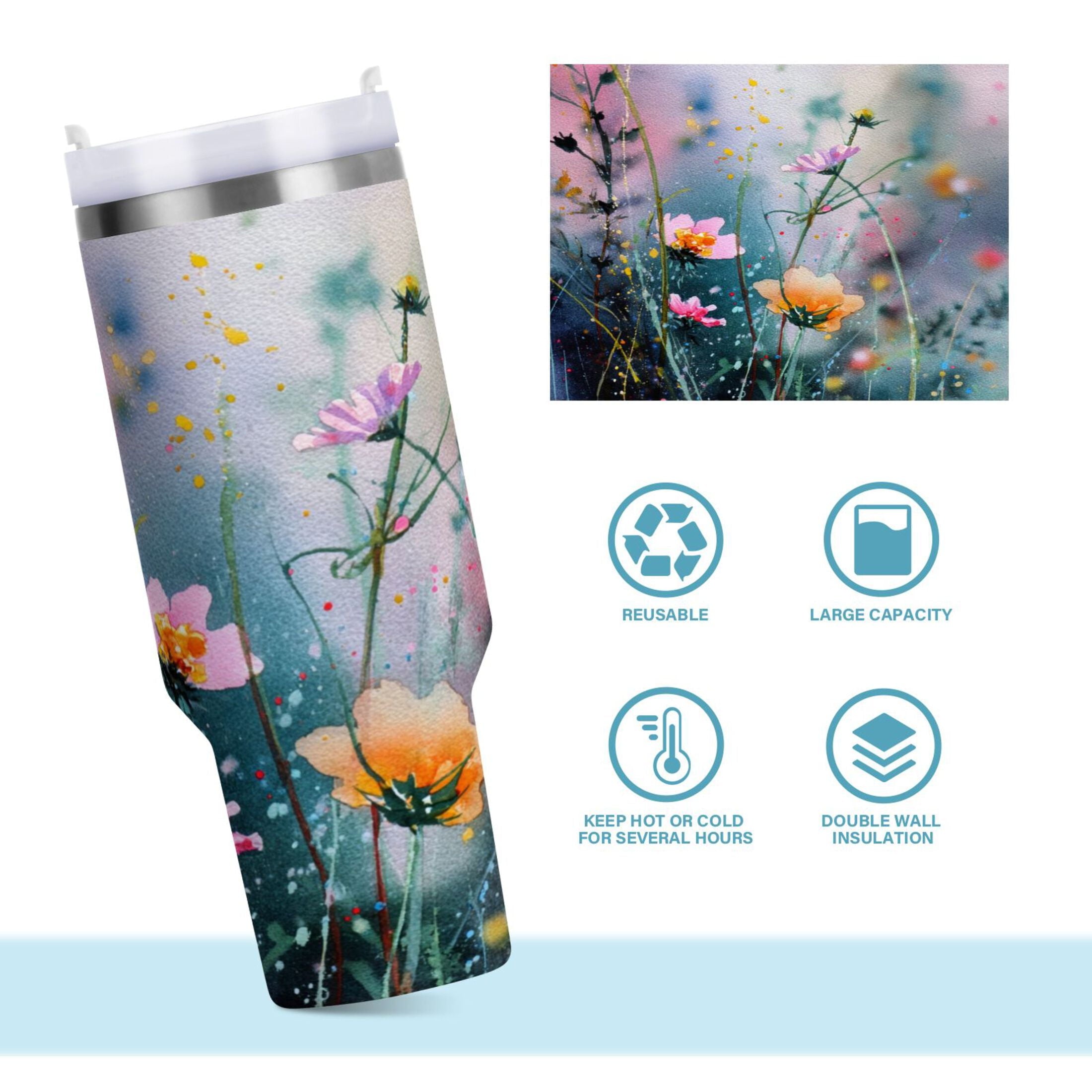 40 oz Insulated Stainless Steel Tumbler Double Wall Stainless Steel Tumbler with 2-Way Drinking Abstract Wildflowers M504U