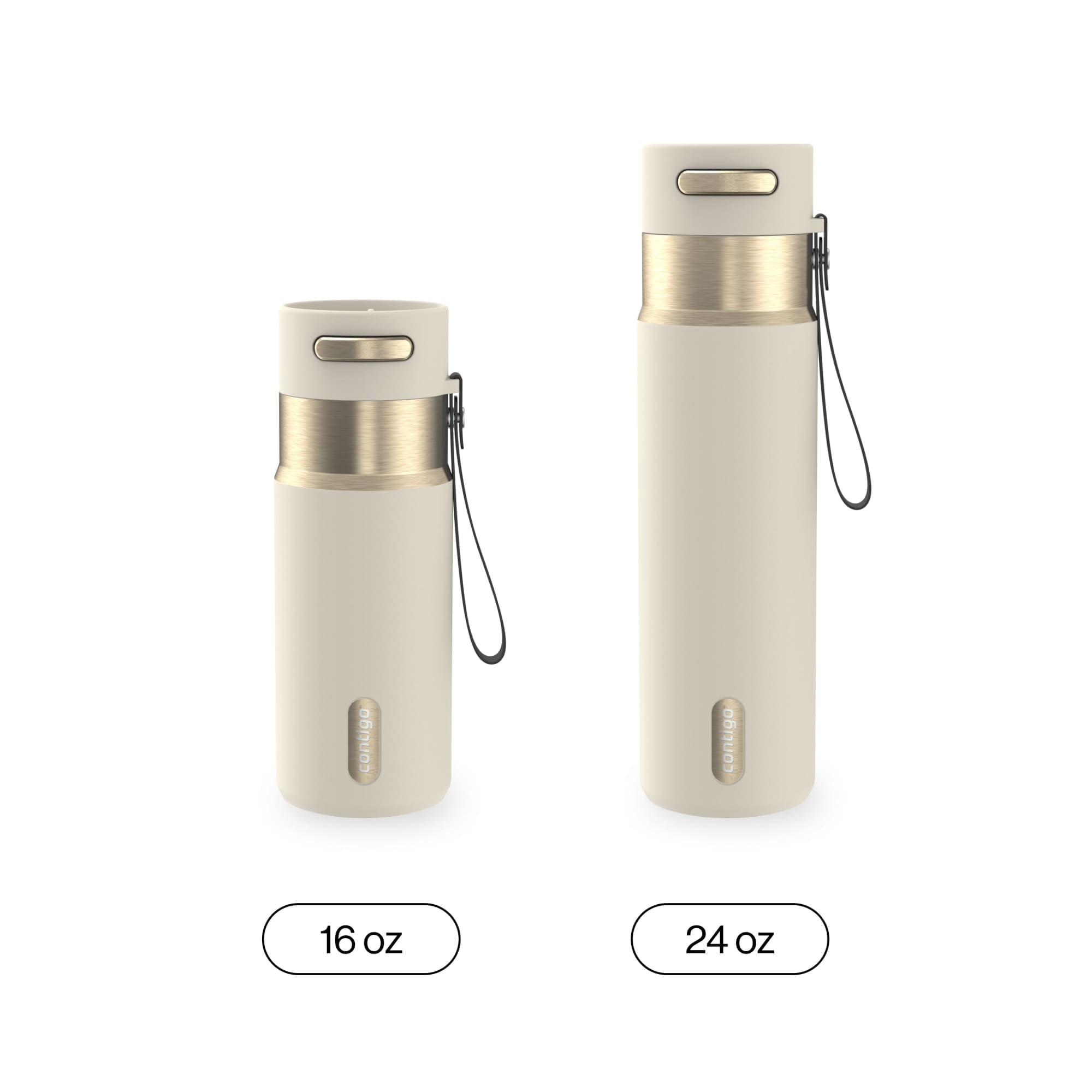 Contigo AutoSeal Leakproof Stainless Steel Reusable Water Bottle Tumbler with Carrying Strap, Cream/Champagne, 24 oz M19Q