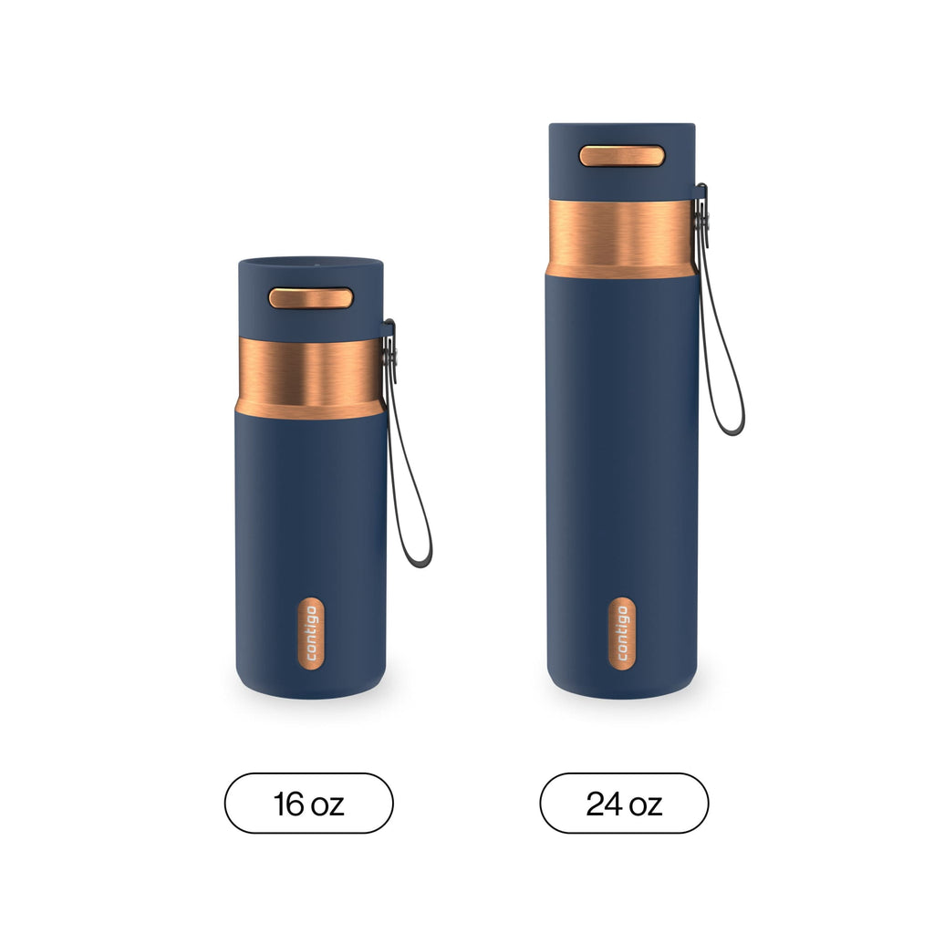 Contigo AutoSeal Leakproof Stainless Steel Reusable Water Bottle Tumbler with Carrying Strap, Cream/Champagne, 24 oz M19Q