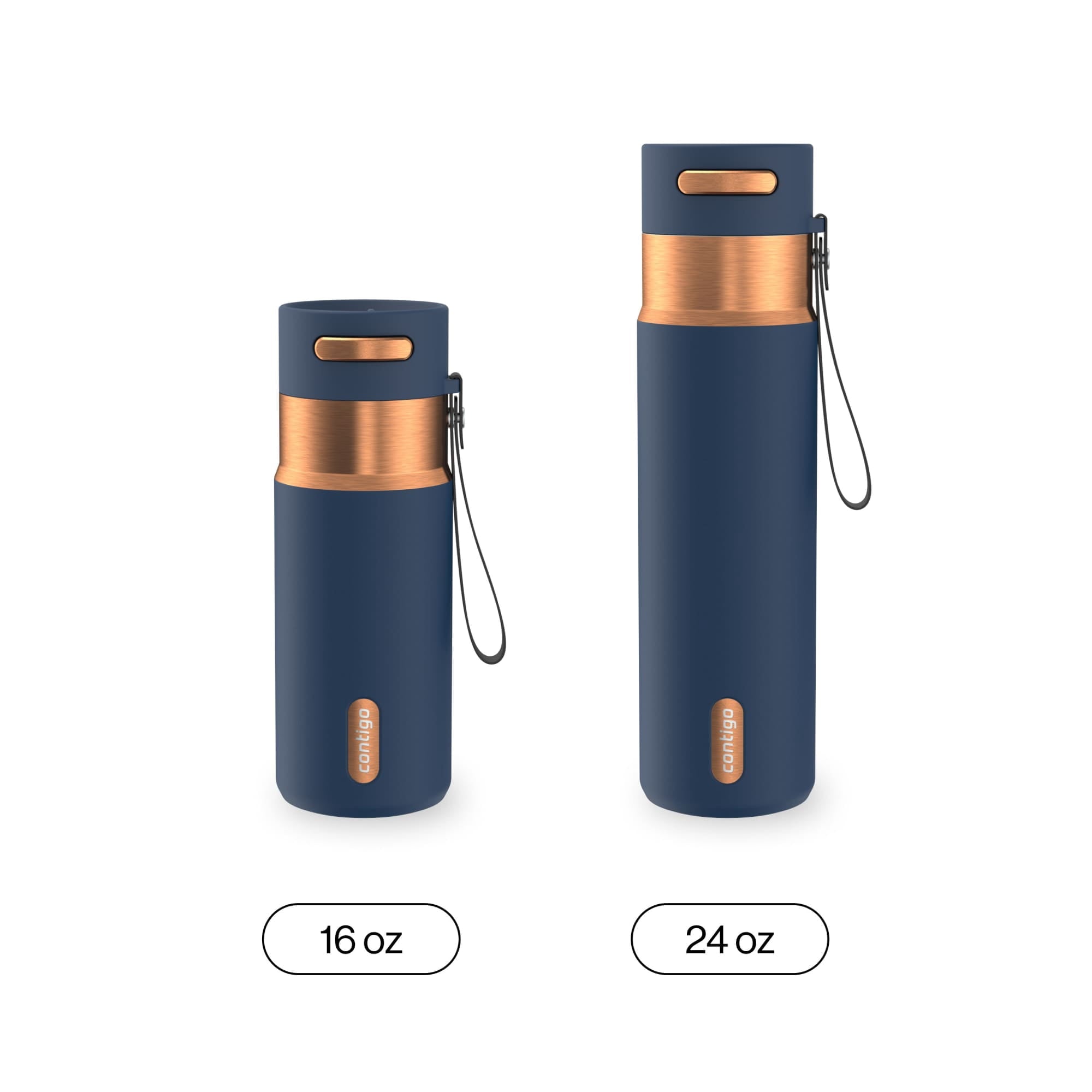 Contigo AutoSeal Leakproof Stainless Steel Reusable Water Bottle Tumbler with Carrying Strap, Cream/Champagne, 24 oz M19Q