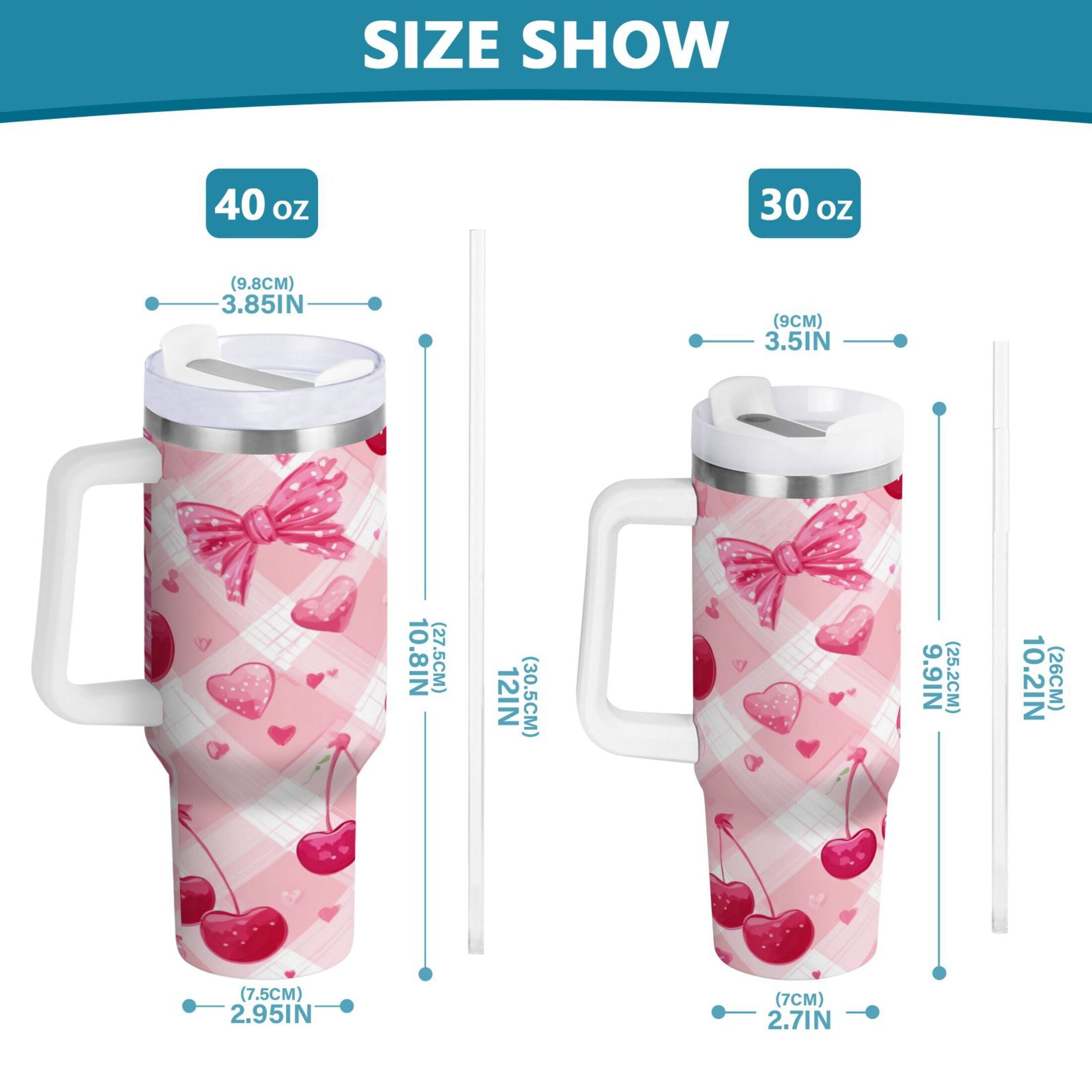30 oz Insulated Stainless Steel Tumbler Double Wall Stainless Steel Tumbler with 2-Way Drinking Cherry and Pink Bow Pattern M617R