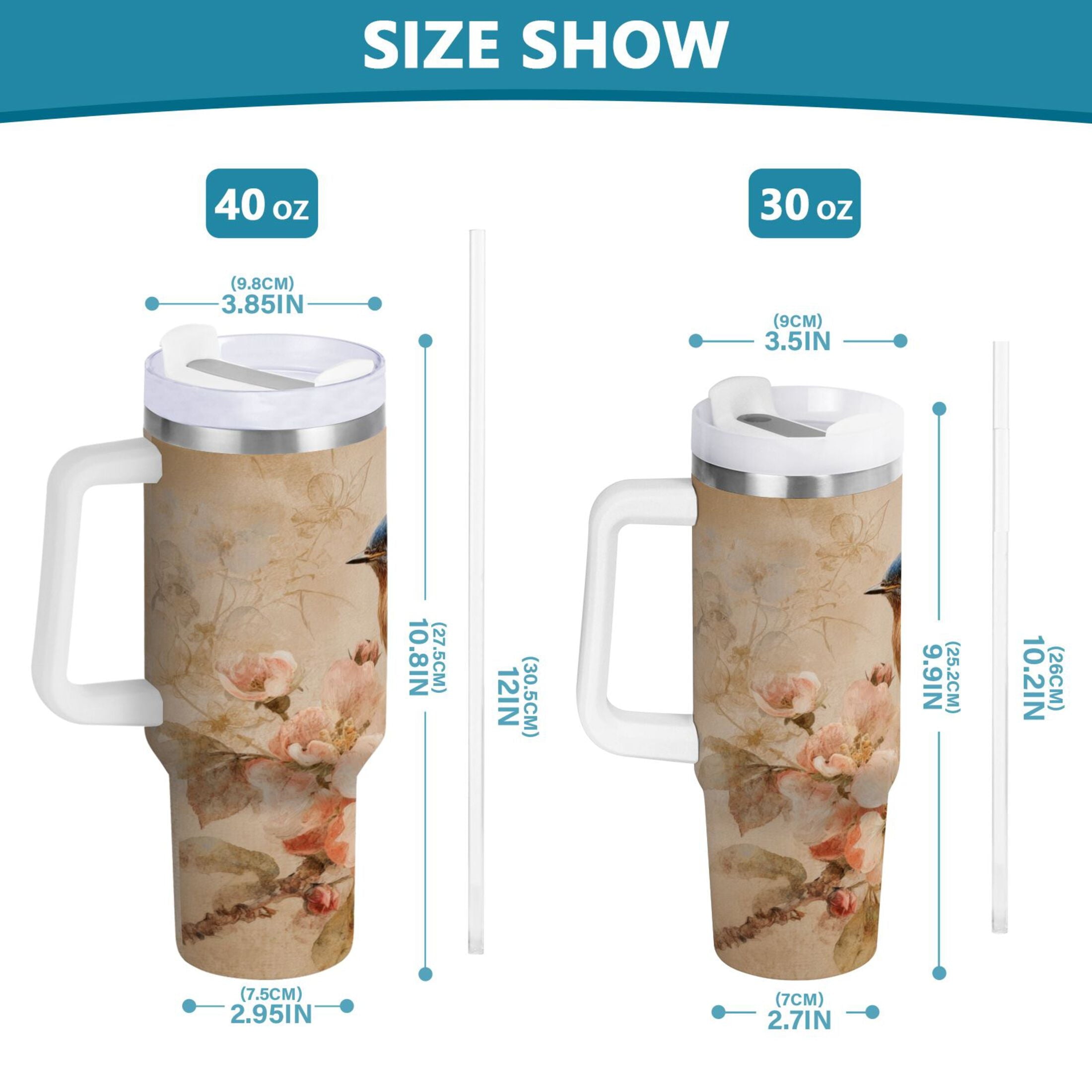 40 oz Insulated Stainless Steel Tumbler Double Wall Stainless Steel Tumbler with 2-Way Drinking Bluebird and Ancient Flowers M574V