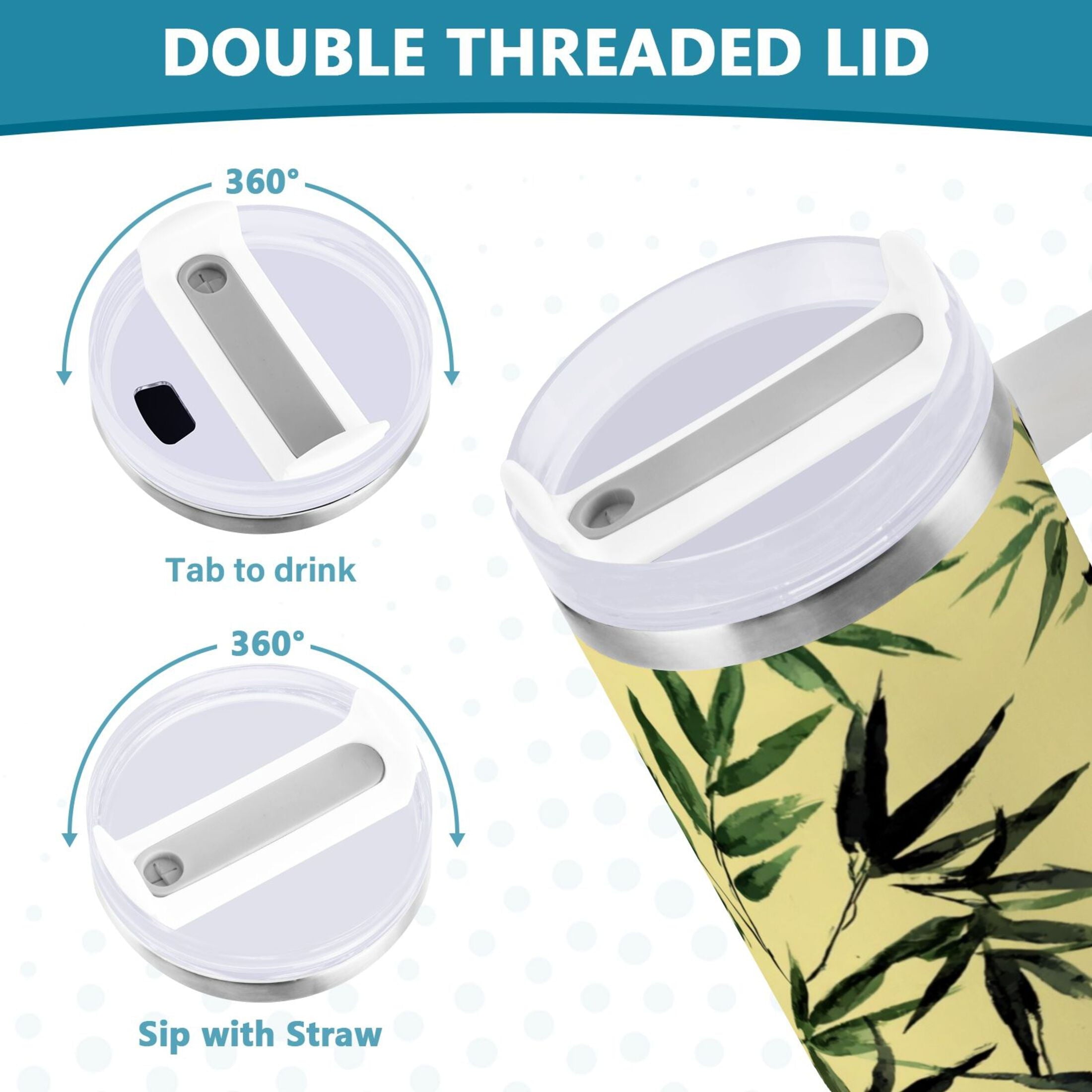 30 oz Insulated Stainless Steel Tumbler Double Wall Stainless Steel Tumbler with 2-Way Drinking Bamboo and Green Leaves M633V