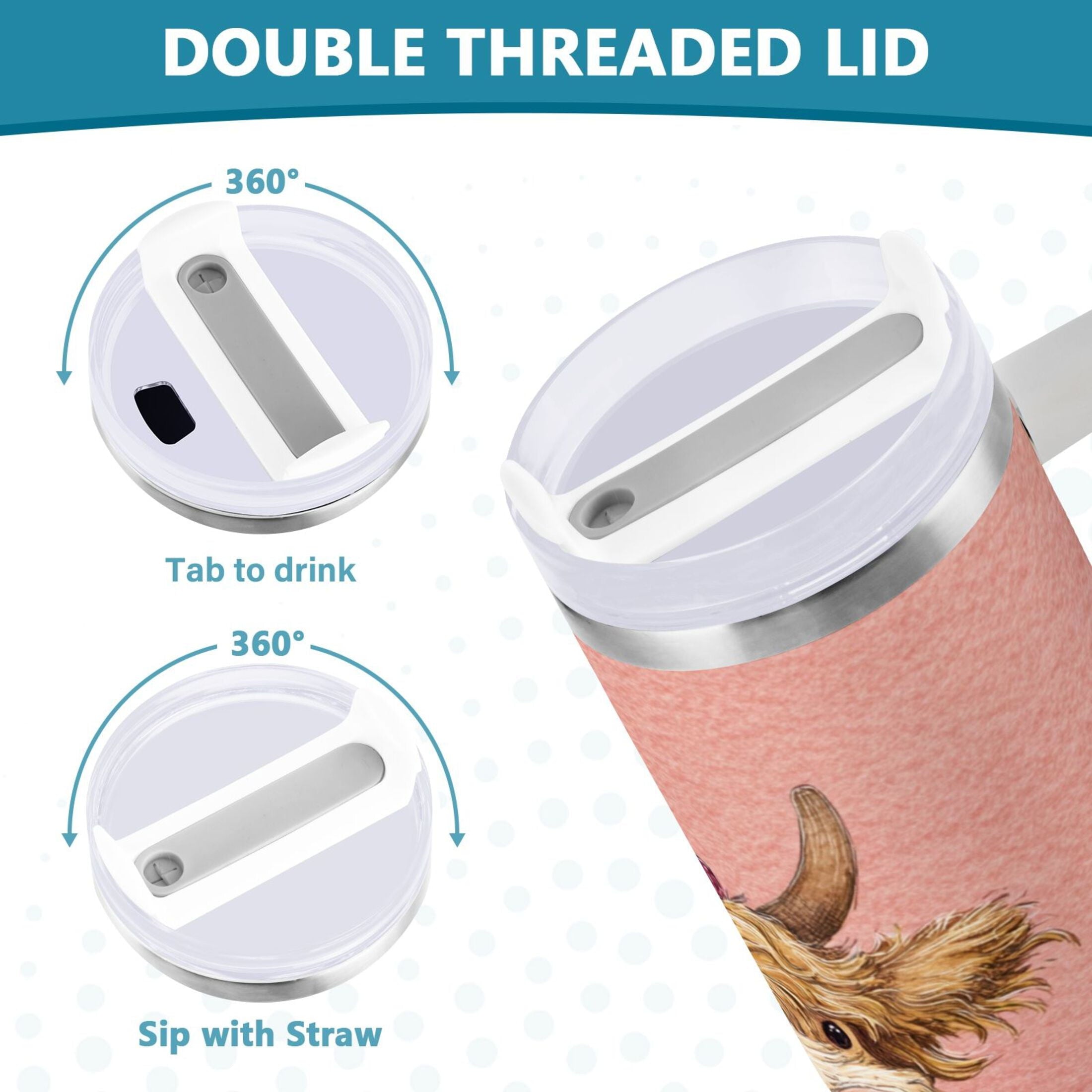 30 oz Insulated Stainless Steel Tumbler Double Wall Stainless Steel Tumbler with 2-Way Drinking Cow Wearing Scarf and Hat M663H