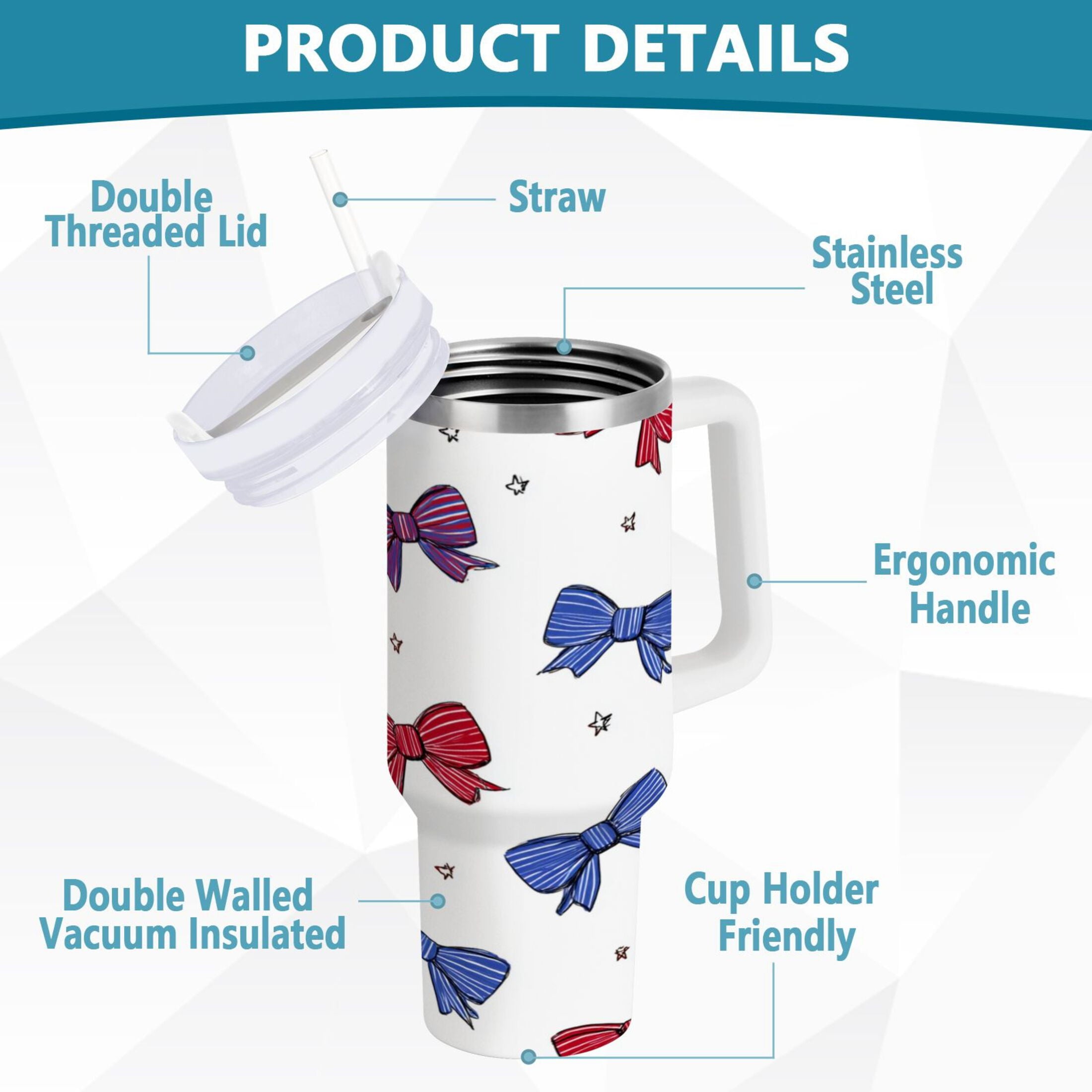 30 oz Insulated Stainless Steel Tumbler Double Wall Stainless Steel Tumbler with 2-Way Drinking Red and Blue Stripe Bows M656G