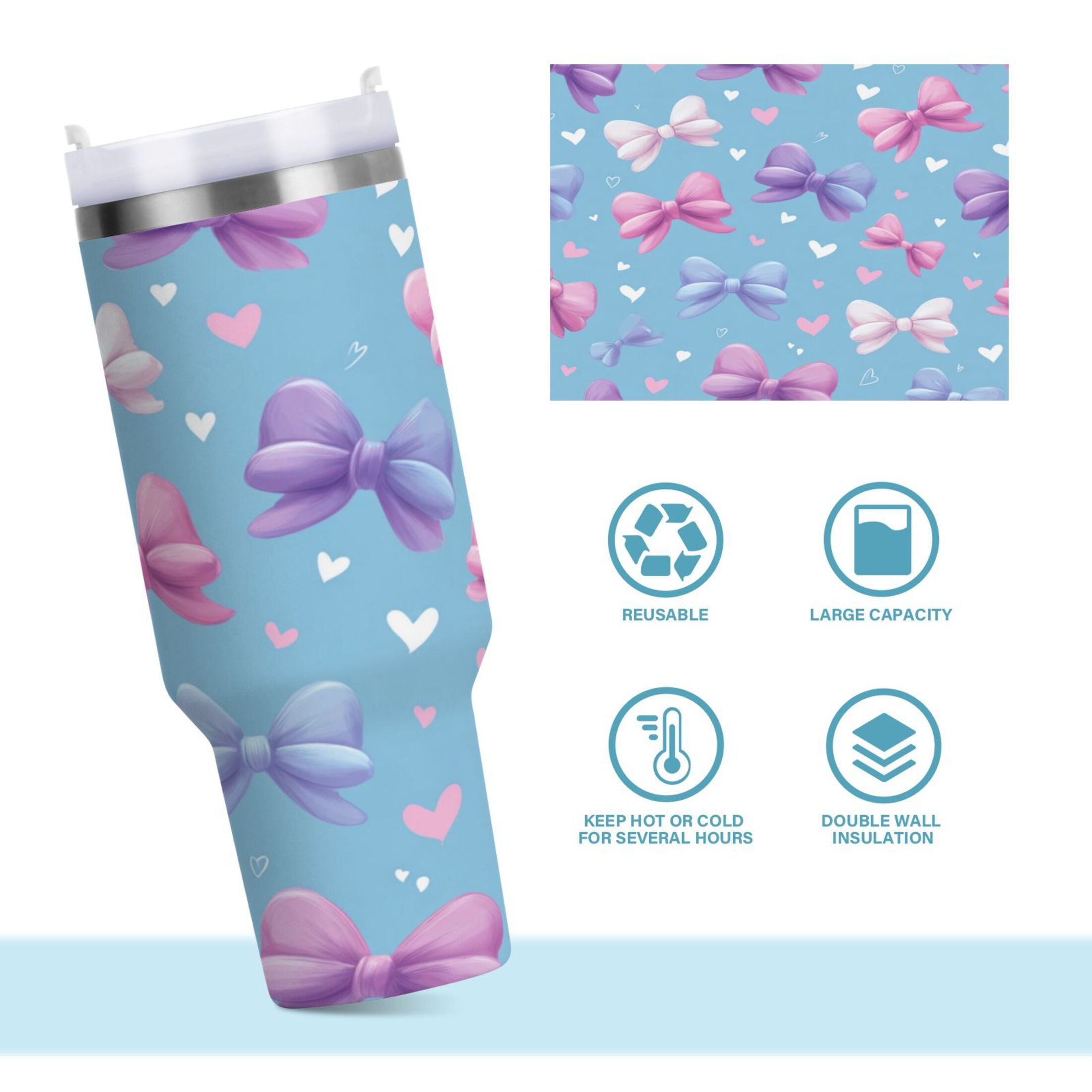 30 oz Insulated Stainless Steel Tumbler Double Wall Stainless Steel Tumbler with 2-Way Drinking Pink and Purple Bows M526E