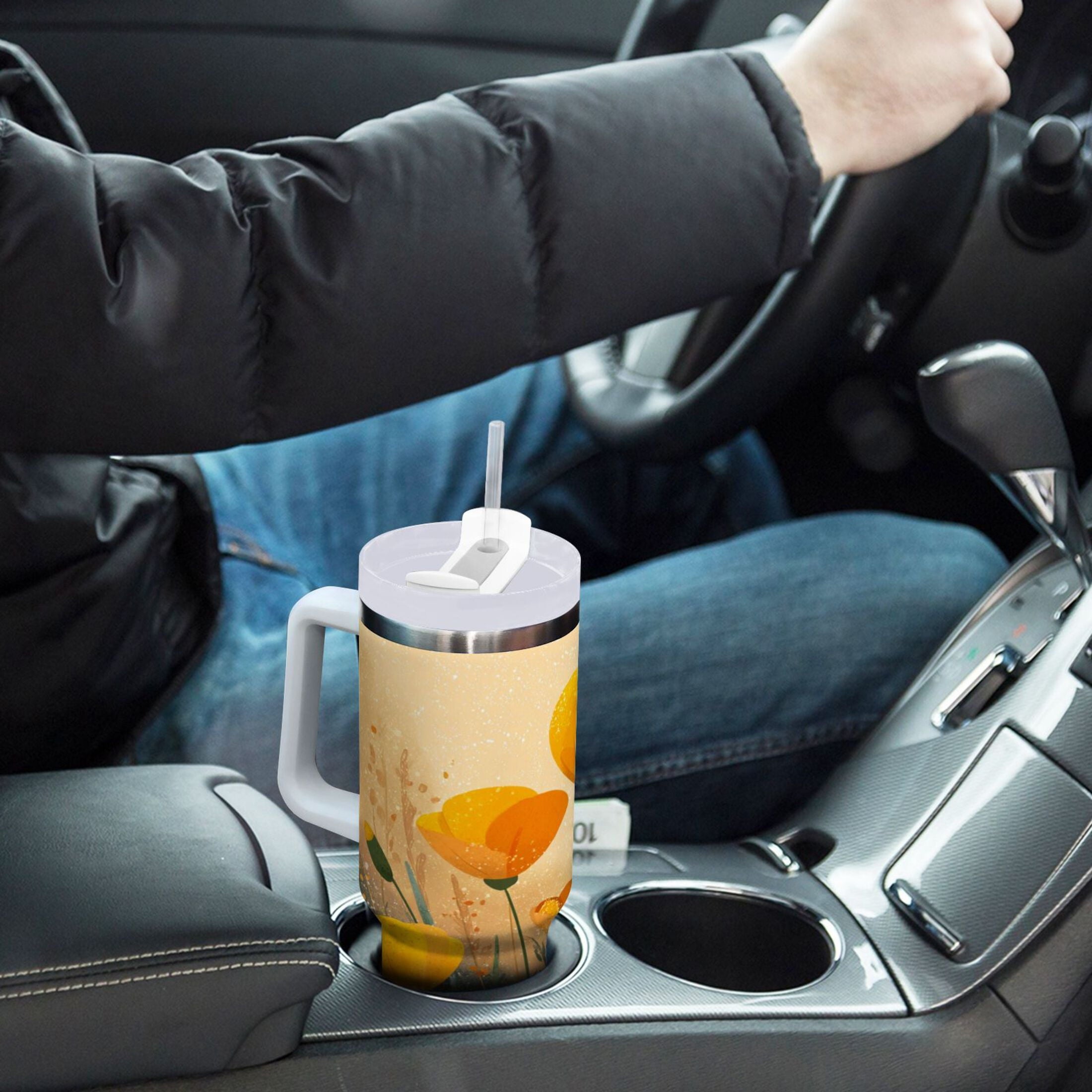30 oz Insulated Stainless Steel Tumbler Double Wall Stainless Steel Tumbler with 2-Way Drinking Yellow Flowers on The Grass M594N
