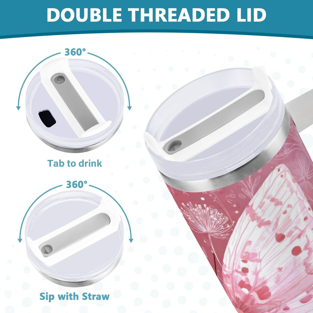 30 oz Insulated Stainless Steel Tumbler Double Wall Stainless Steel Tumbler with 2-Way Drinking Soft Pink Butterfly M561T