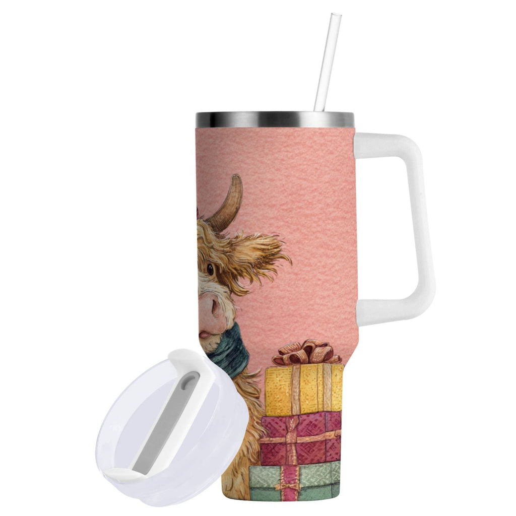 30 oz Insulated Stainless Steel Tumbler Double Wall Stainless Steel Tumbler with 2-Way Drinking Cow Wearing Scarf and Hat M663H