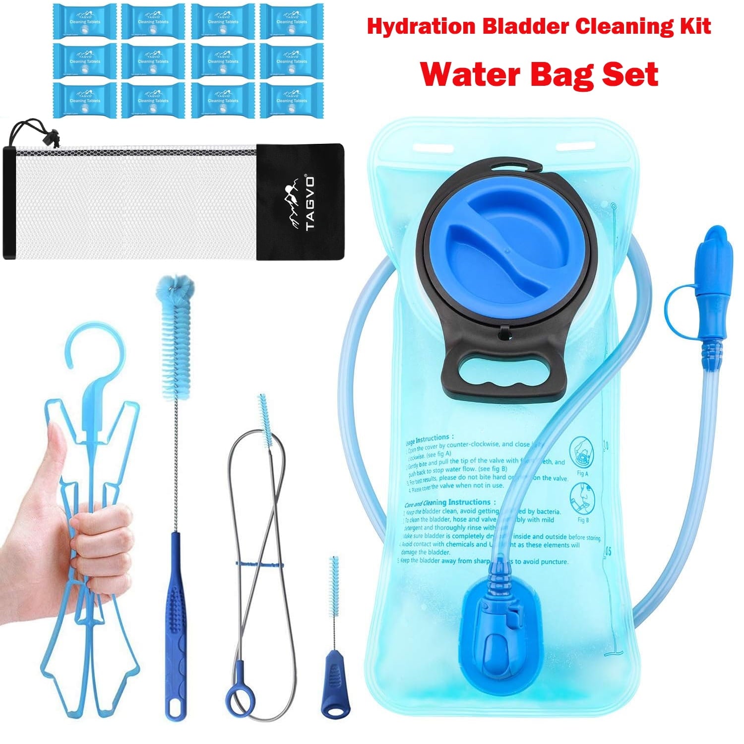 TAGVO Hydration Bladder 2 Liter BPA Free 70oz + Cleaning Brushes Kit, Leakproof Water Bladder Travel Reservoir Hydration Bag, Easy Cleaning by 3 Brushes and Air Drying by Collapsible Frame M383M
