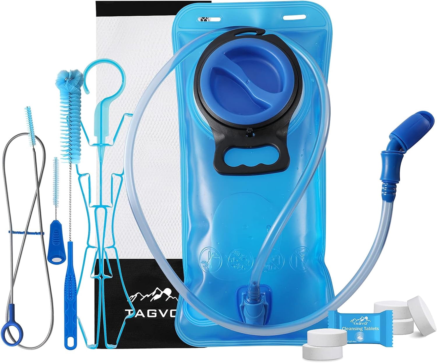 TAGVO Hydration Bladder 2 Liter BPA Free 70oz + Cleaning Brushes Kit, Leakproof Water Bladder Travel Reservoir Hydration Bag, Easy Cleaning by 3 Brushes and Air Drying by Collapsible Frame M383M