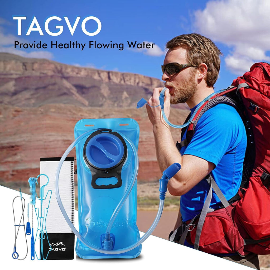 TAGVO Hydration Bladder 2 Liter BPA Free 70oz + Cleaning Brushes Kit, Leakproof Water Bladder Travel Reservoir Hydration Bag, Easy Cleaning by 3 Brushes and Air Drying by Collapsible Frame M383M