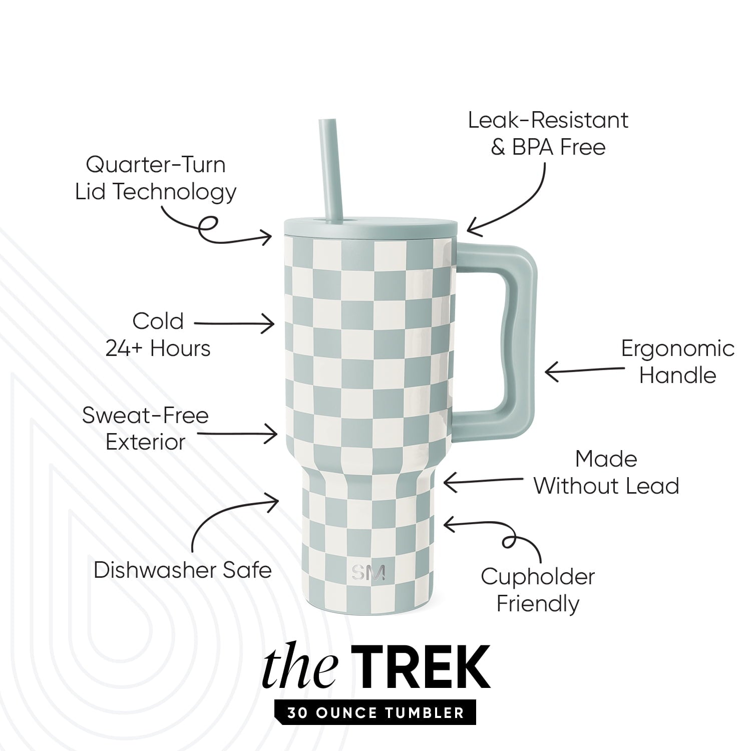 Simple Modern 30 fl oz Insulated Stainless Steel Trek Tumbler with Straw Lid | Seaglass Sage and Cream Checkmate M690W