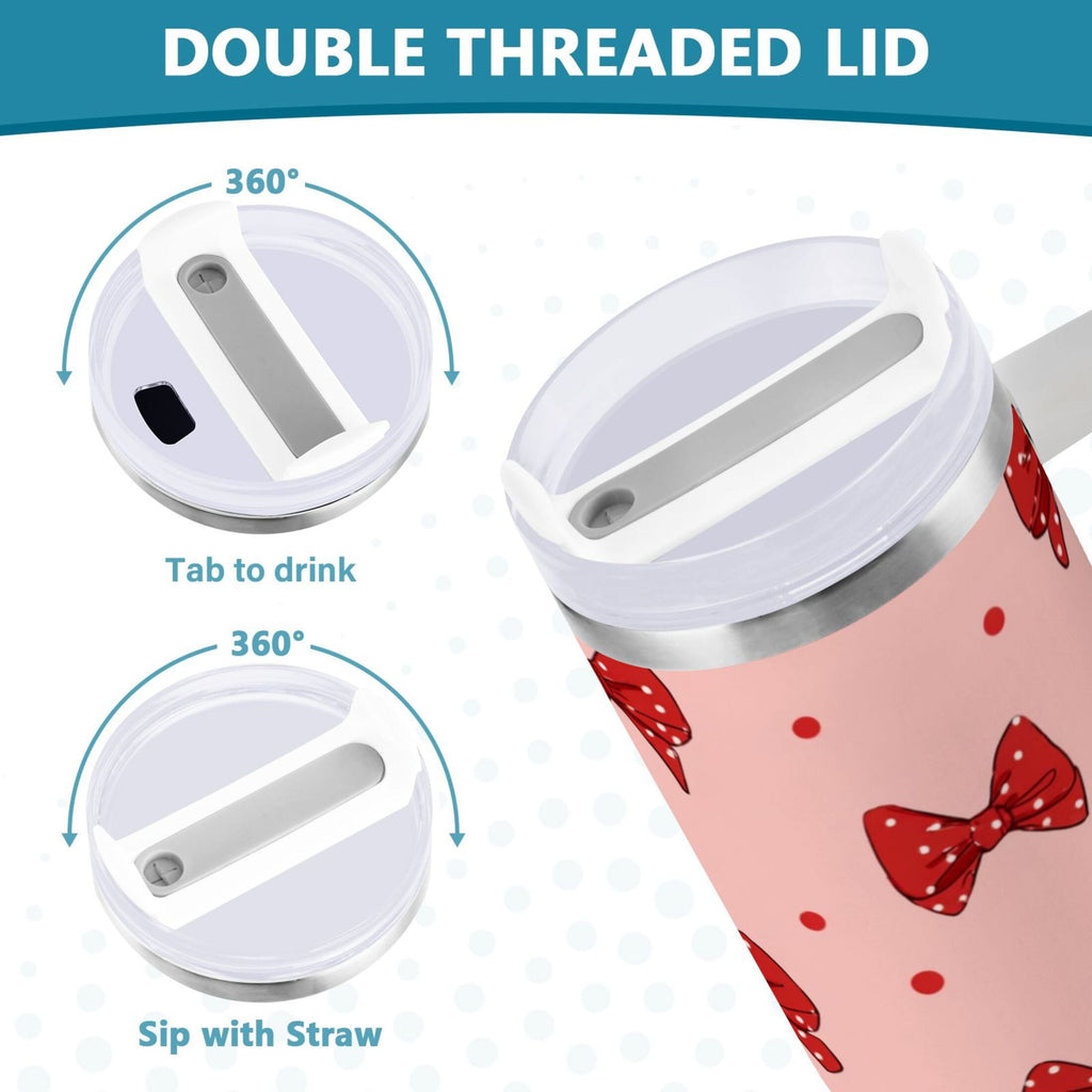 40 oz Insulated Stainless Steel Tumbler Double Wall Stainless Steel Tumbler with 2-Way Drinking Red Bows and Polka Dots M531A