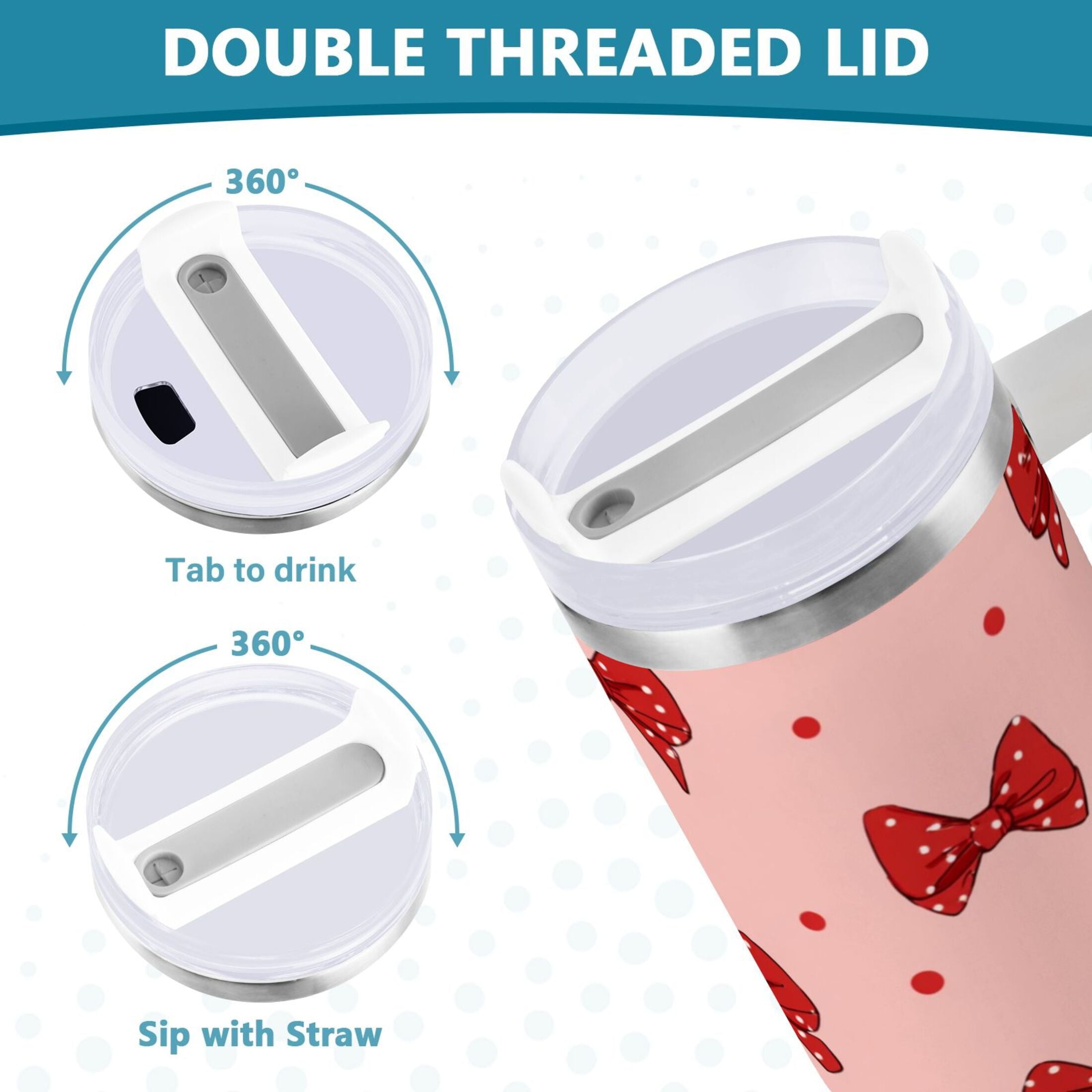 40 oz Insulated Stainless Steel Tumbler Double Wall Stainless Steel Tumbler with 2-Way Drinking Red Bows and Polka Dots M531A