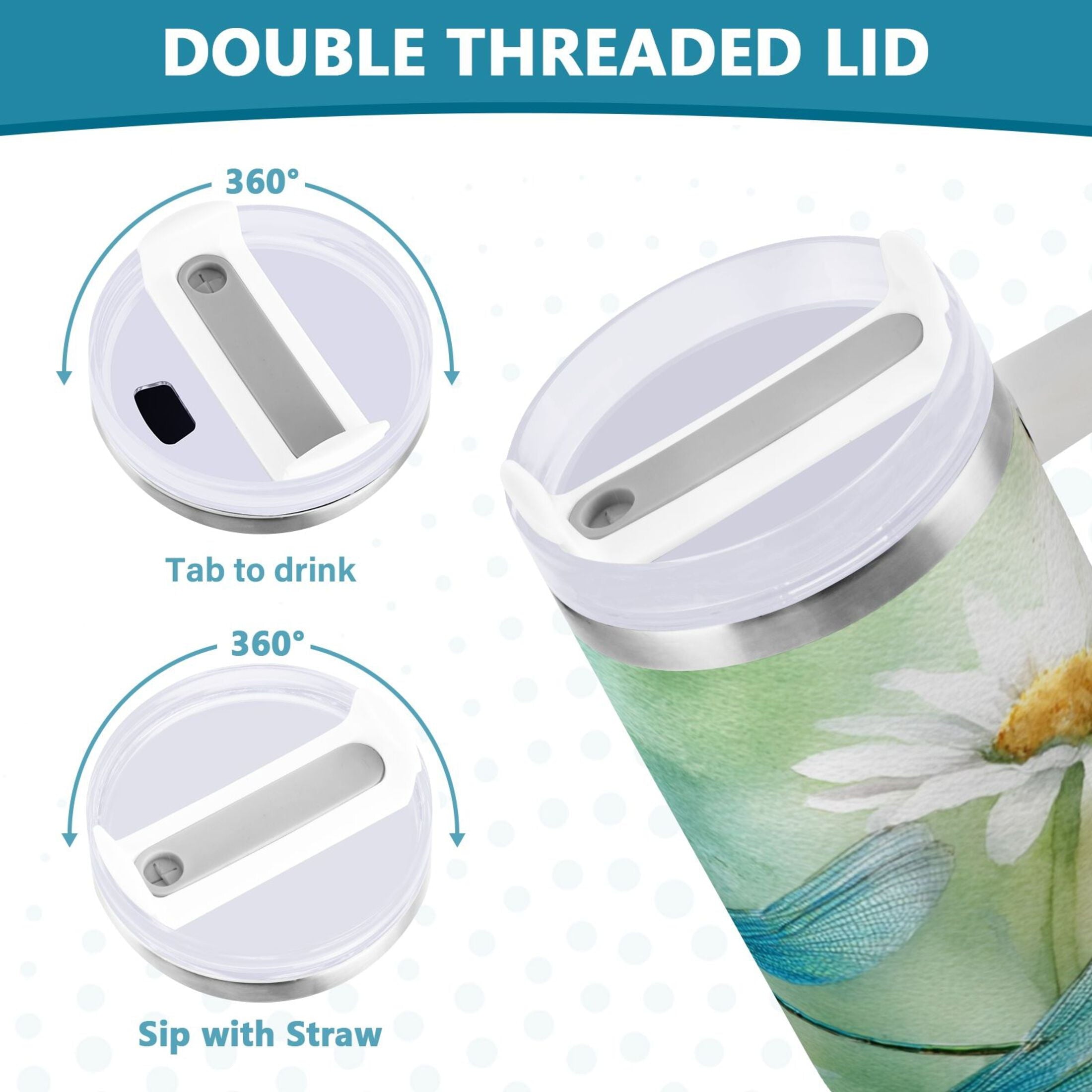 30 oz Insulated Stainless Steel Tumbler Double Wall Stainless Steel Tumbler with 2-Way Drinking Beautiful Dragonflies and Daisies M638L