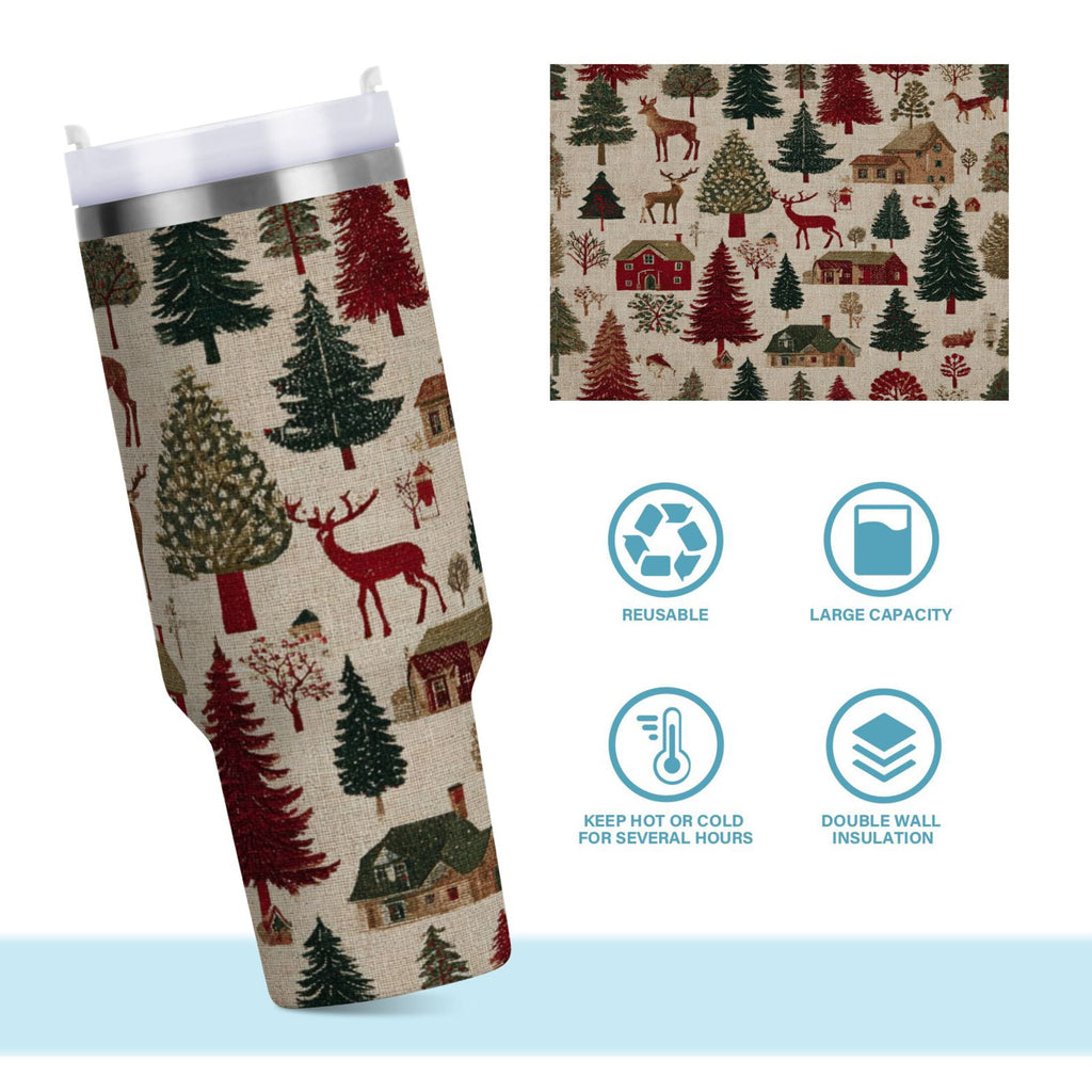30 oz Insulated Stainless Steel Tumbler Double Wall Stainless Steel Tumbler with 2-Way Drinking Christmas Trees Deer and Houses M577F