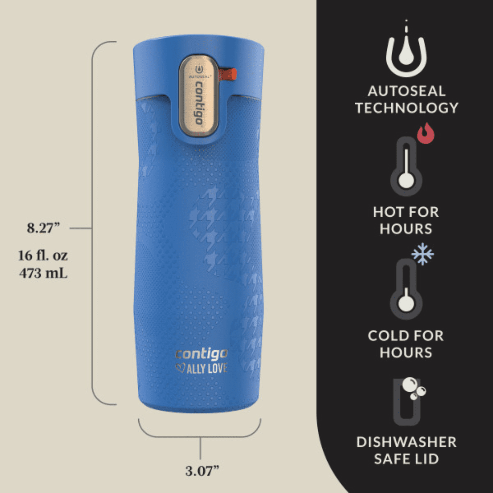 Contigo x Ally Love Autoseal West Loop Vacuum-Insulated Stainless Steel Travel Mug with Easy-Clean Lid, 16 oz, Stellar Jay M28H