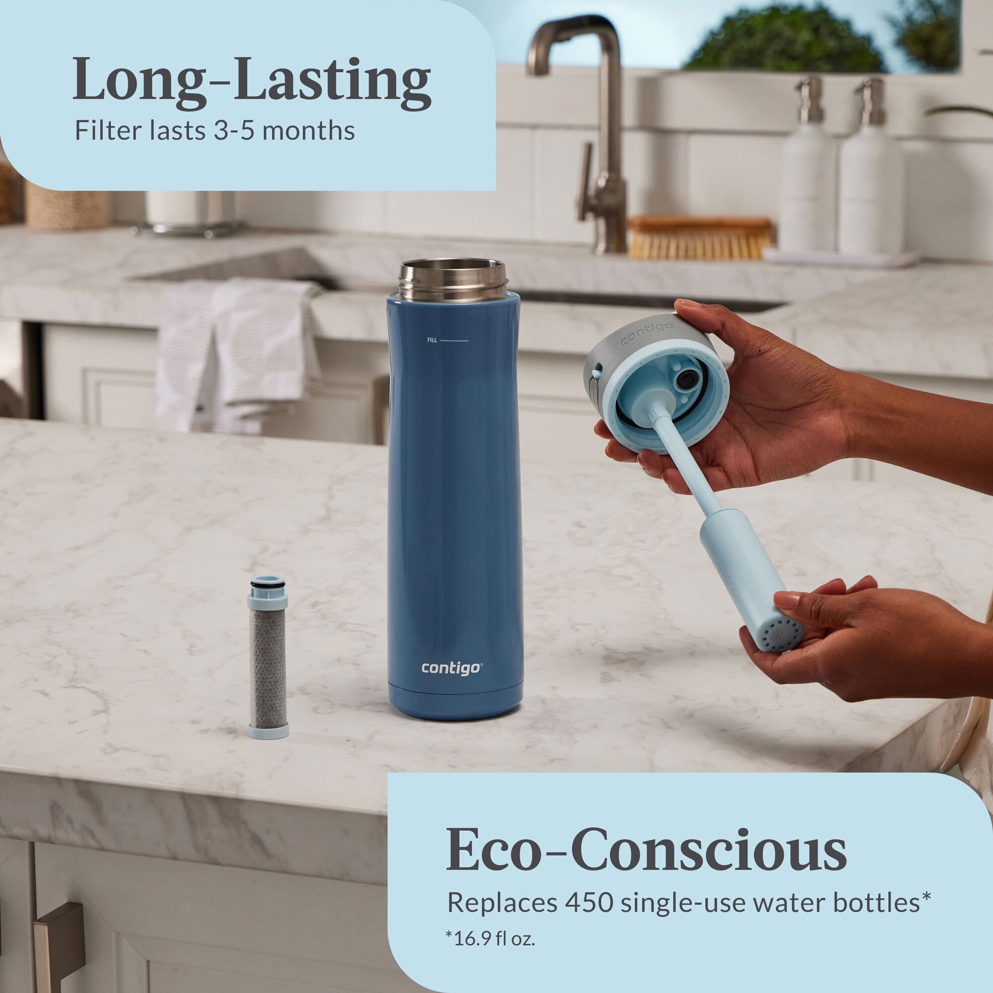 Contigo® Wells Chill Stainless Steel Filter Water Bottle with AUTOSPOUT® Straw Lid, 24 oz., Dark Ice M90U