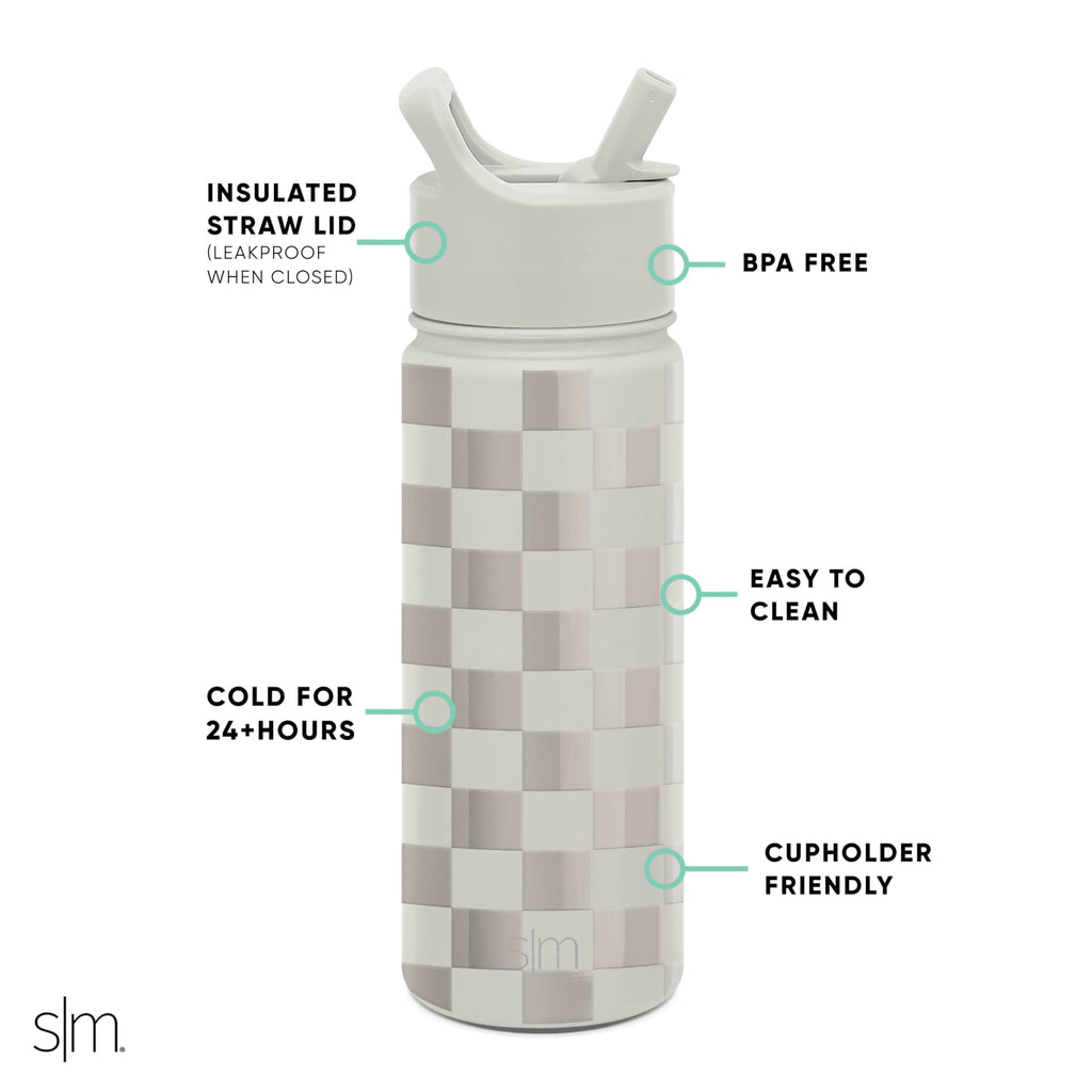 Simple Modern Kids Water Bottle with Straw Lid Vacuum Insulated Stainless Steel Metal Thermos Bottles | Reusable Leak Proof BPA-Free Flask for School | Summit Collection | 18oz, Checkmate M433D