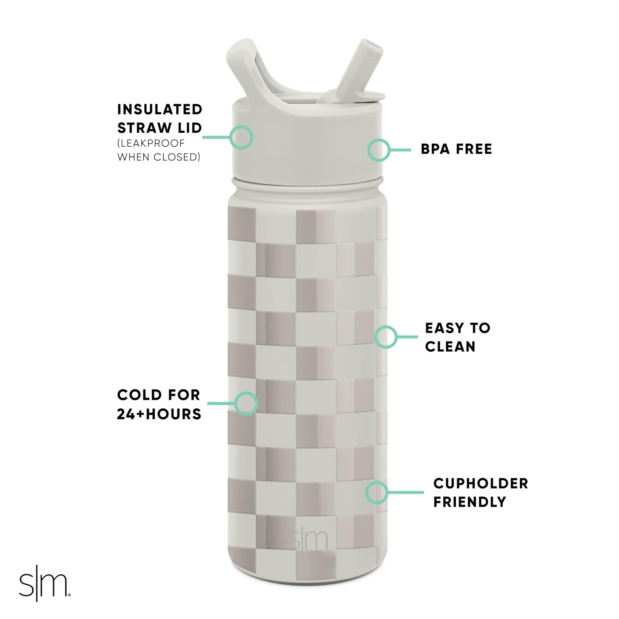 Simple Modern Kids Water Bottle with Straw Lid Vacuum Insulated Stainless Steel Metal Thermos Bottles | Reusable Leak Proof BPA-Free Flask for School | Summit Collection | 18oz, Checkmate M433D