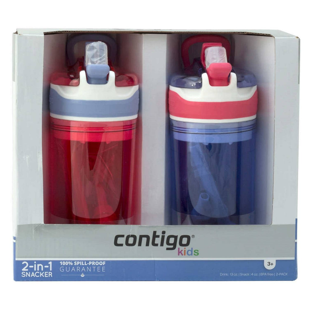 Contigo Kids 2-in-1 Snack Hero Tumbler Featuring 4oz Snack Holder Stacked on Top of 13oz Water Bottle - BPA Free, Durable Tritan w/Flexible Carry Handle &amp; Spill-Proof Valve, Purple &amp; Pink – 2 Pack M40B