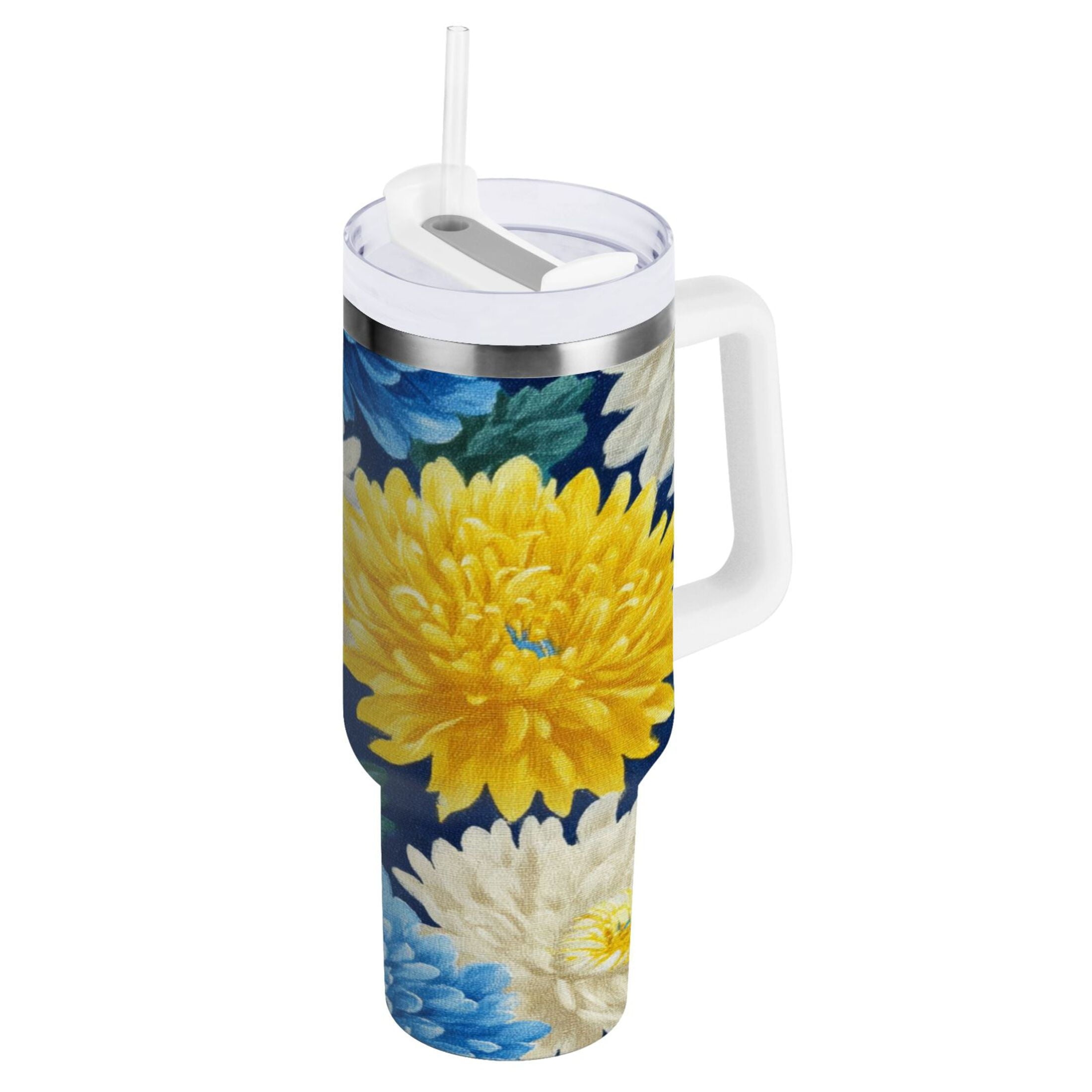 30 oz Insulated Stainless Steel Tumbler Double Wall Stainless Steel Tumbler with 2-Way Drinking Yellow and White Chrysanthemum M469D