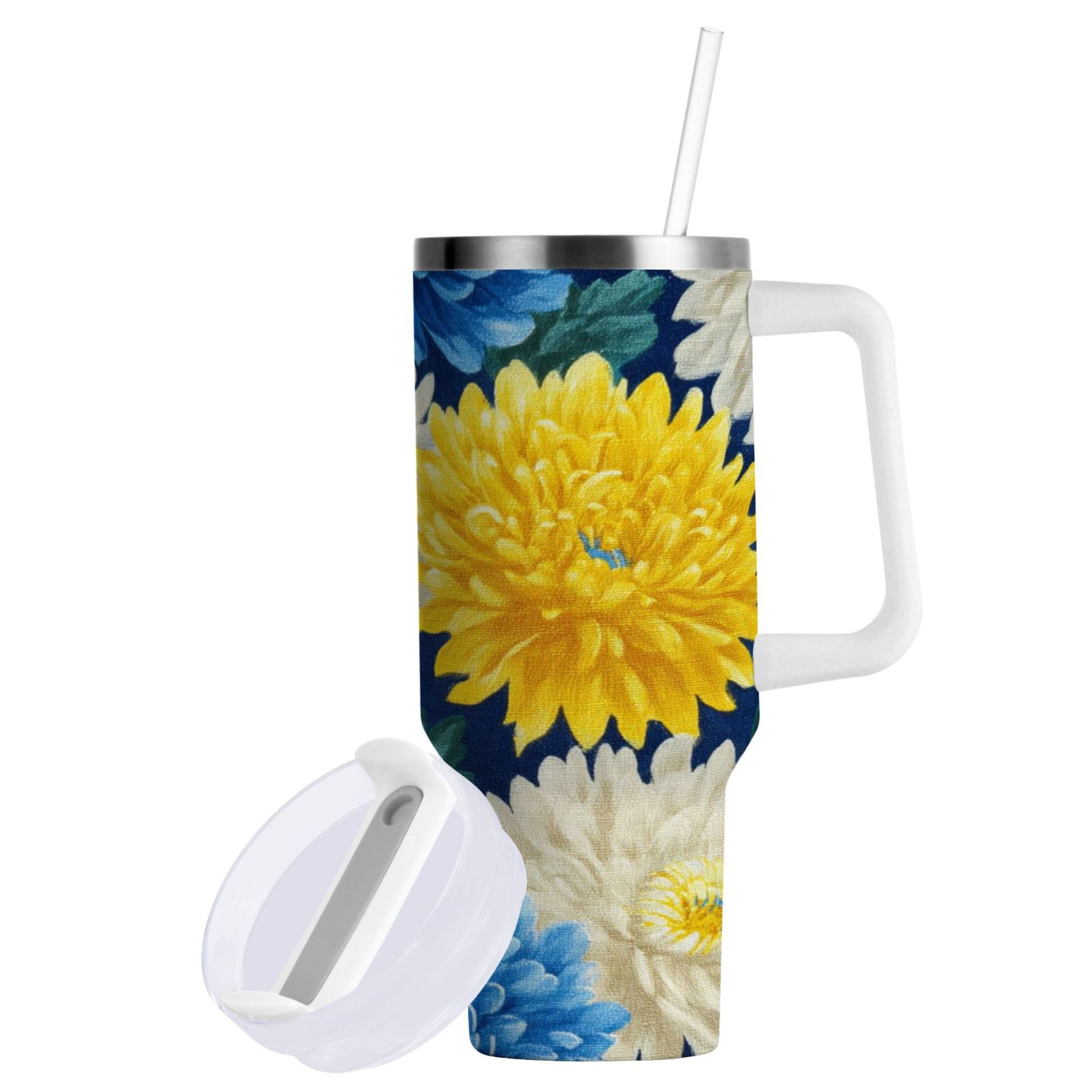 30 oz Insulated Stainless Steel Tumbler Double Wall Stainless Steel Tumbler with 2-Way Drinking Yellow and White Chrysanthemum M469D