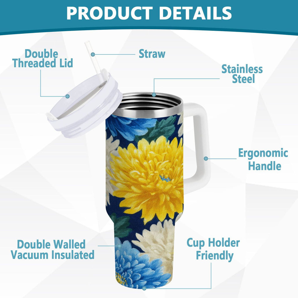 30 oz Insulated Stainless Steel Tumbler Double Wall Stainless Steel Tumbler with 2-Way Drinking Yellow and White Chrysanthemum M469D