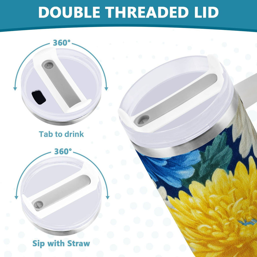 30 oz Insulated Stainless Steel Tumbler Double Wall Stainless Steel Tumbler with 2-Way Drinking Yellow and White Chrysanthemum M469D
