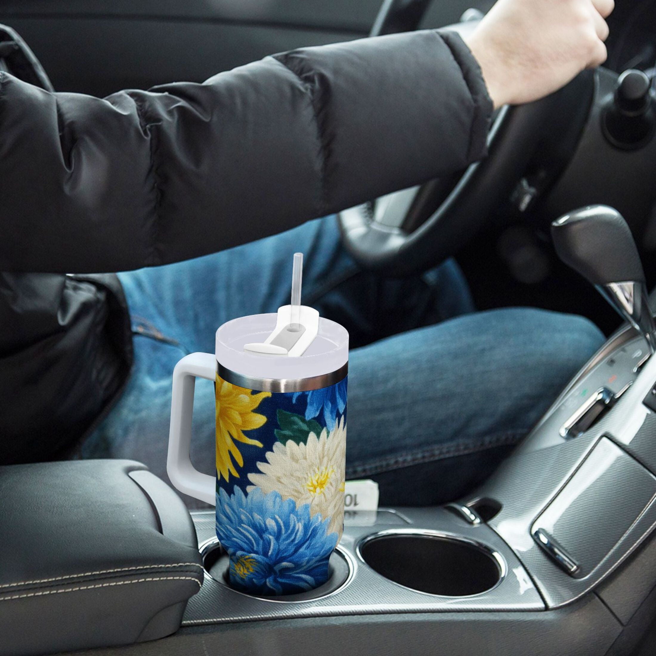 30 oz Insulated Stainless Steel Tumbler Double Wall Stainless Steel Tumbler with 2-Way Drinking Yellow and White Chrysanthemum M469D