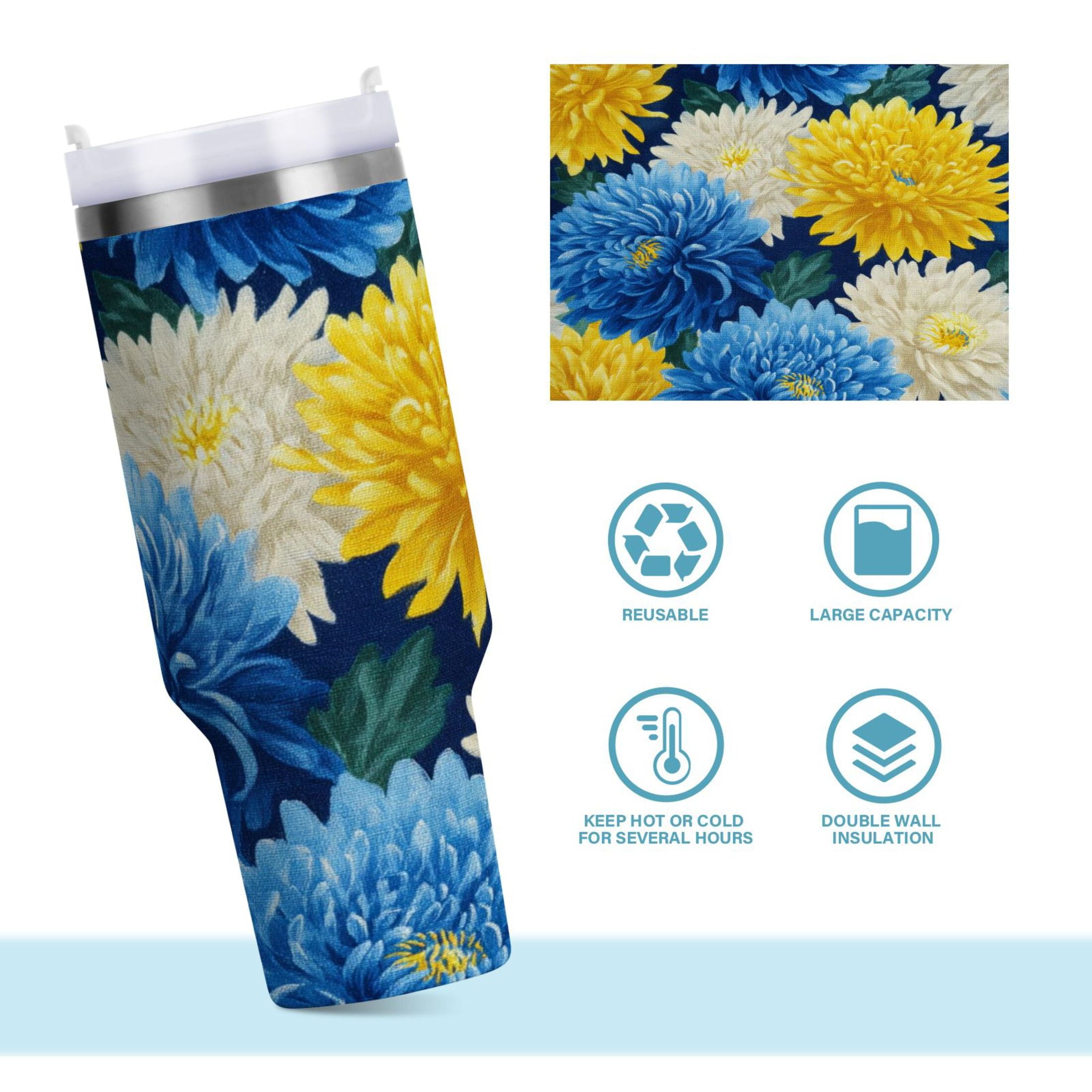 30 oz Insulated Stainless Steel Tumbler Double Wall Stainless Steel Tumbler with 2-Way Drinking Yellow and White Chrysanthemum M469D