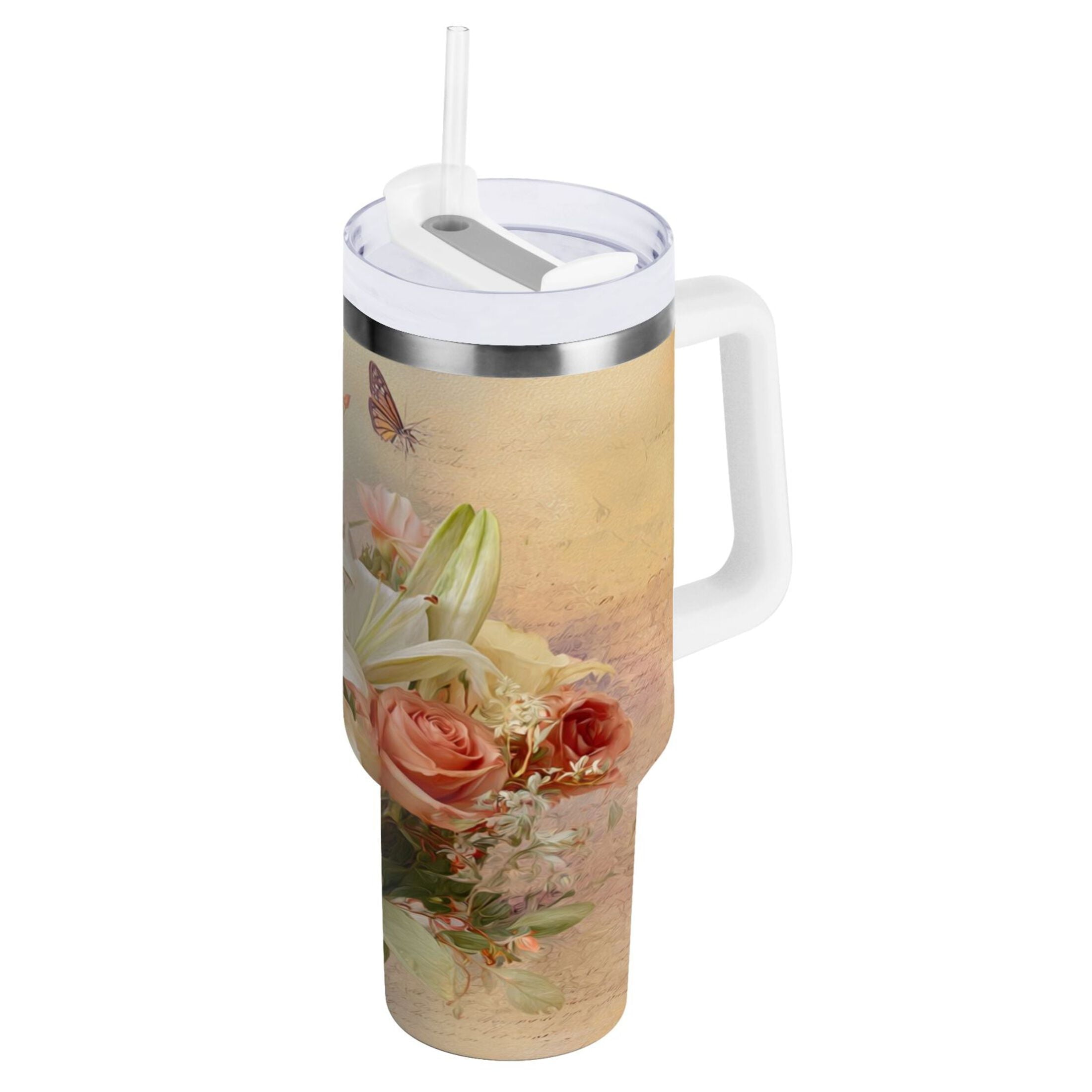 30 oz Insulated Stainless Steel Tumbler Double Wall Stainless Steel Tumbler with 2-Way Drinking Beautiful Floral Bouquet M477U
