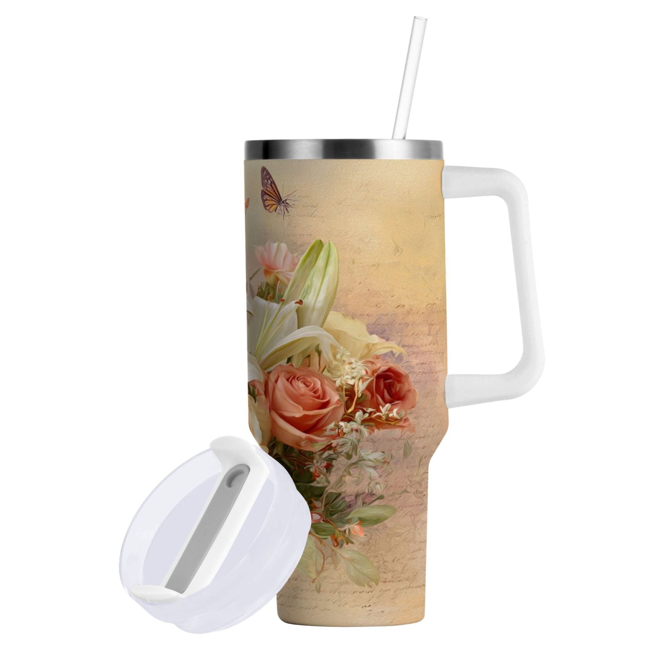 30 oz Insulated Stainless Steel Tumbler Double Wall Stainless Steel Tumbler with 2-Way Drinking Beautiful Floral Bouquet M477U