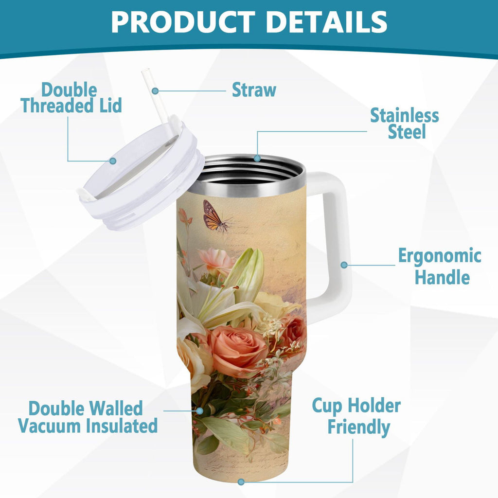 30 oz Insulated Stainless Steel Tumbler Double Wall Stainless Steel Tumbler with 2-Way Drinking Beautiful Floral Bouquet M477U