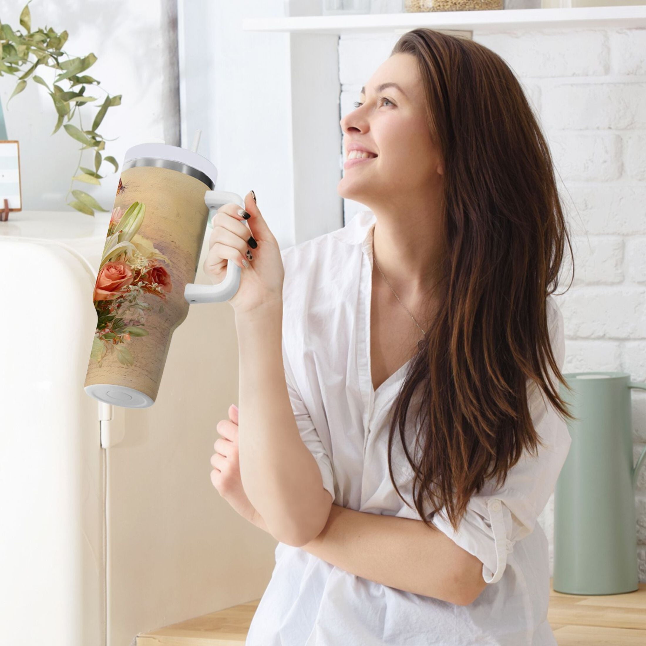 30 oz Insulated Stainless Steel Tumbler Double Wall Stainless Steel Tumbler with 2-Way Drinking Beautiful Floral Bouquet M477U
