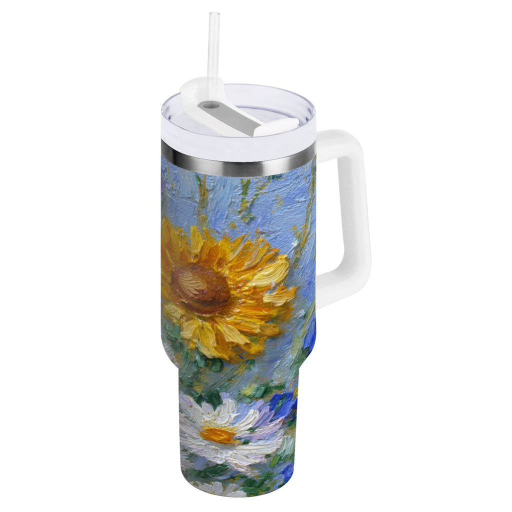 40 oz Insulated Stainless Steel Tumbler Double Wall Stainless Steel Tumbler with 2-Way Drinking Sunflowers and Daisies M464C