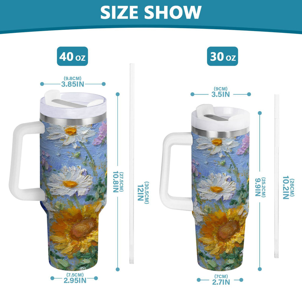 40 oz Insulated Stainless Steel Tumbler Double Wall Stainless Steel Tumbler with 2-Way Drinking Sunflowers and Daisies M464C