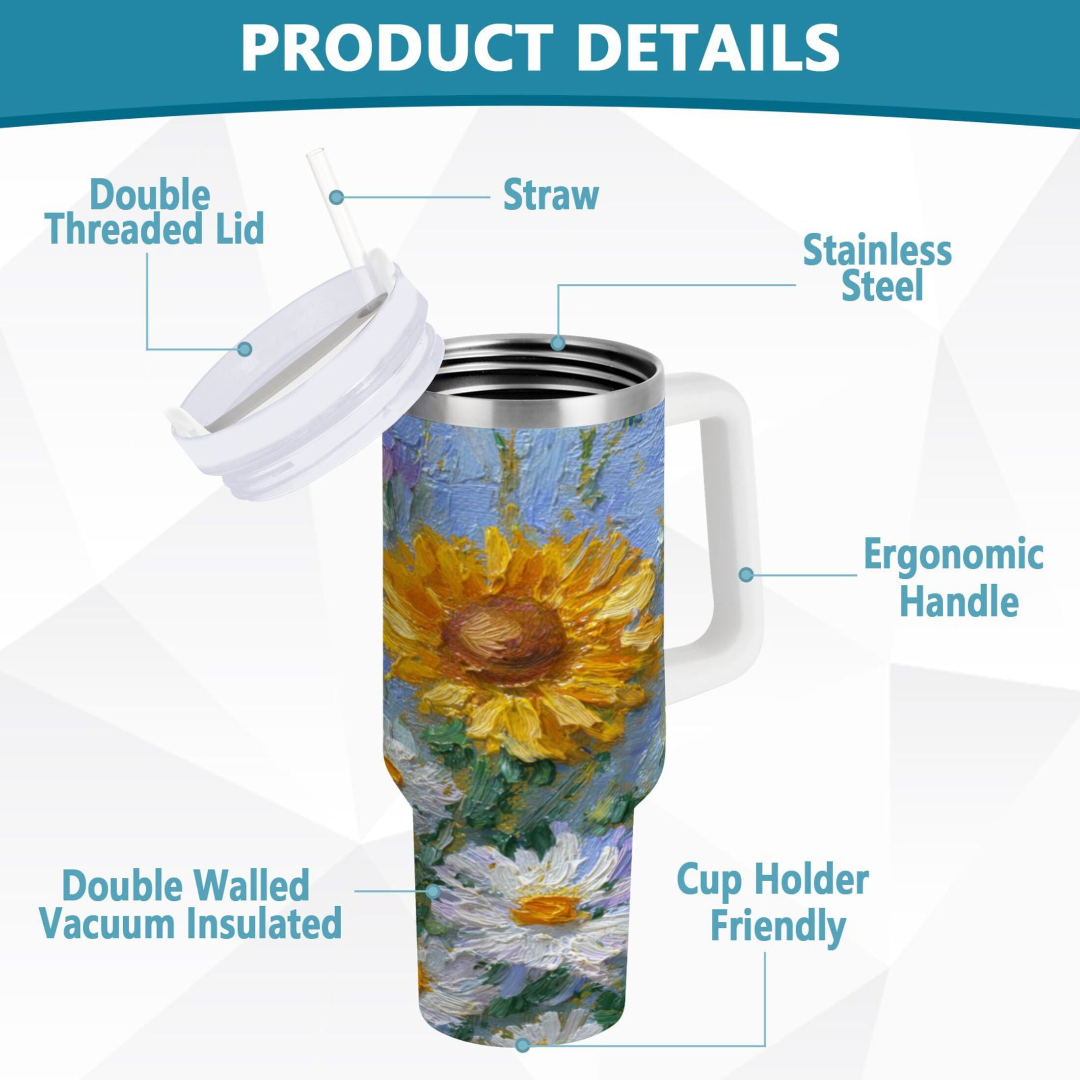40 oz Insulated Stainless Steel Tumbler Double Wall Stainless Steel Tumbler with 2-Way Drinking Sunflowers and Daisies M464C
