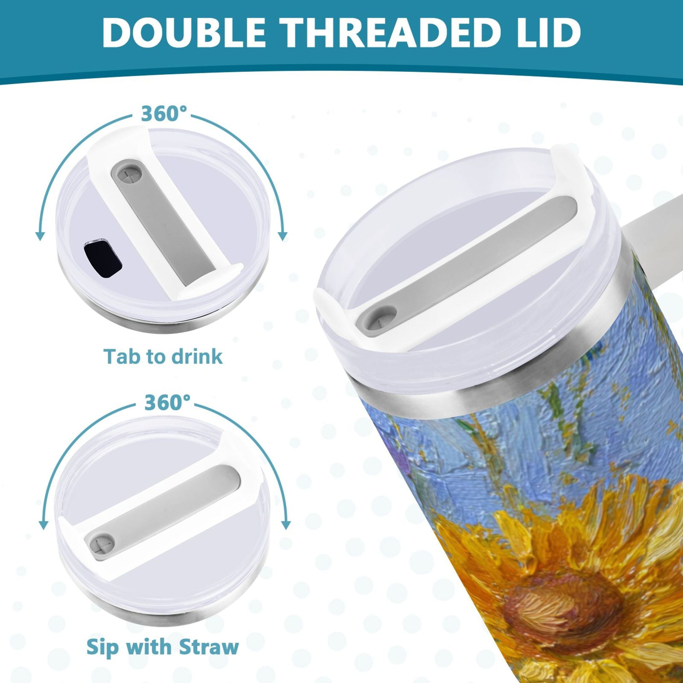 40 oz Insulated Stainless Steel Tumbler Double Wall Stainless Steel Tumbler with 2-Way Drinking Sunflowers and Daisies M464C
