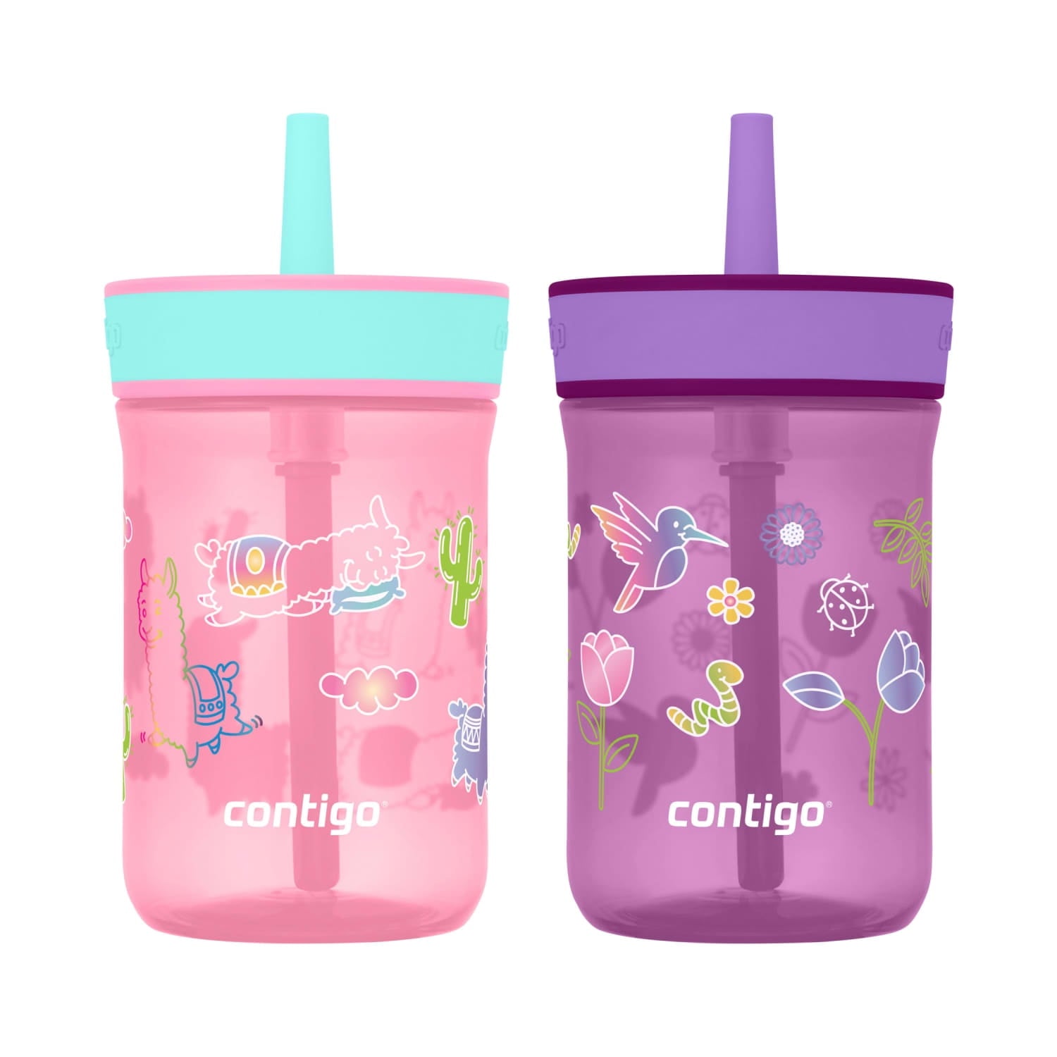 Contigo Kids Leighton Spill-Proof Tumbler with Straw, Ages 3+, Pink and Purple, 14 oz, 2 Pack M109Q