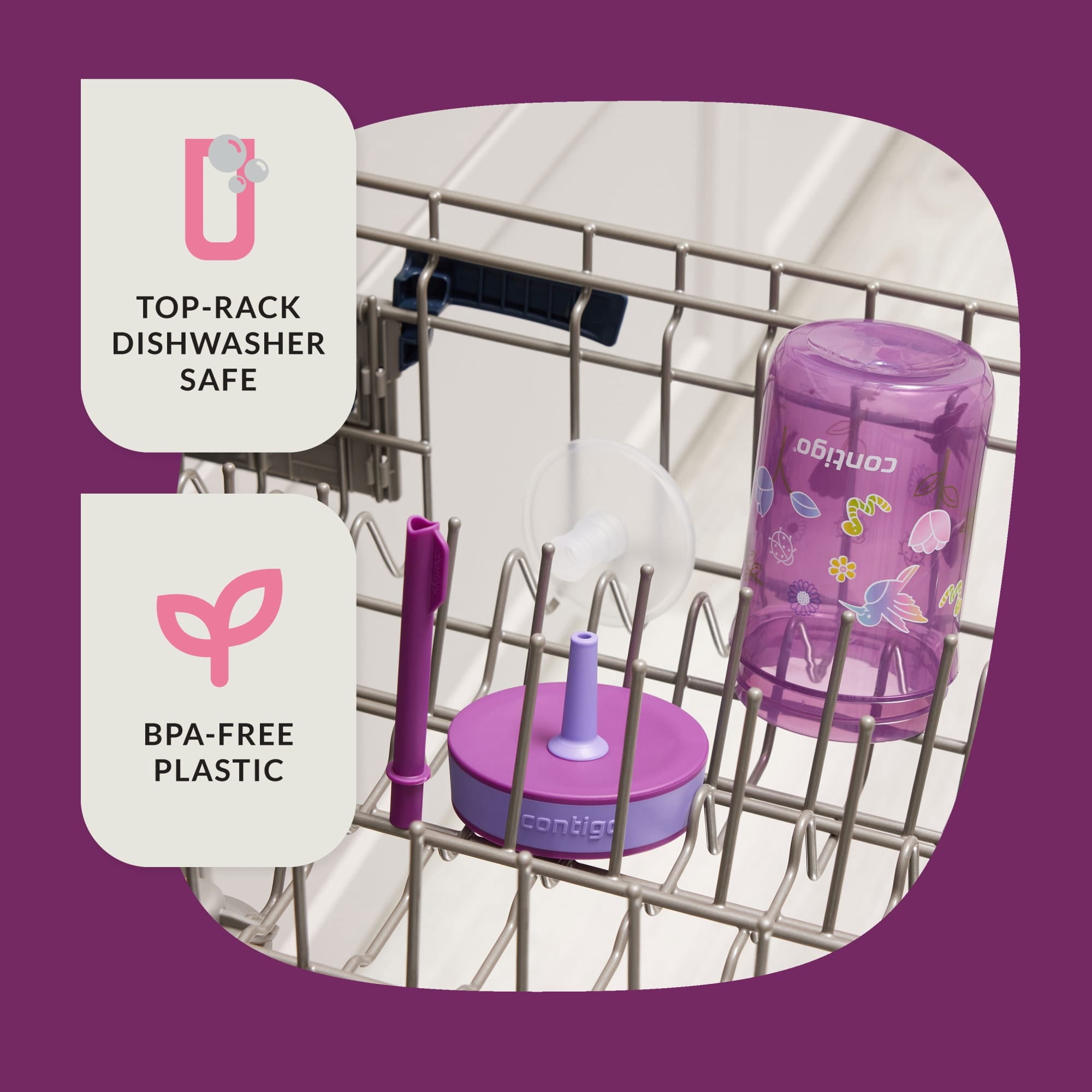 Contigo Kids Leighton Spill-Proof Tumbler with Straw, Ages 3+, Pink and Purple, 14 oz, 2 Pack M109Q