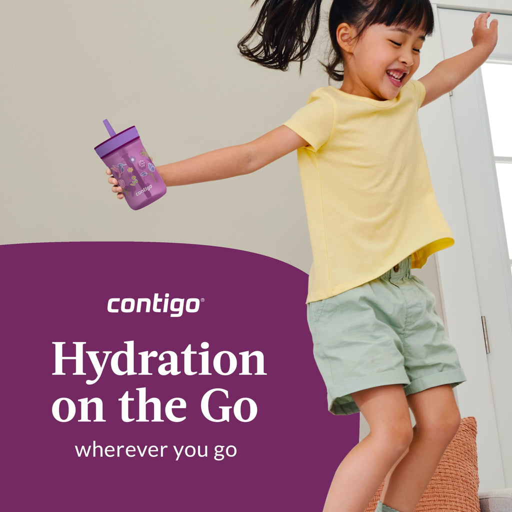 Contigo Kids Leighton Spill-Proof Tumbler with Straw, Ages 3+, Pink and Purple, 14 oz, 2 Pack M109Q