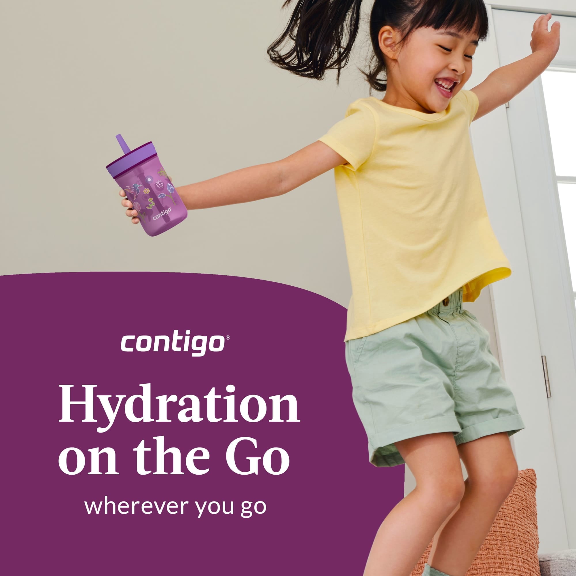 Contigo Kids Leighton Spill-Proof Tumbler with Straw, Ages 3+, Pink and Purple, 14 oz, 2 Pack M109Q