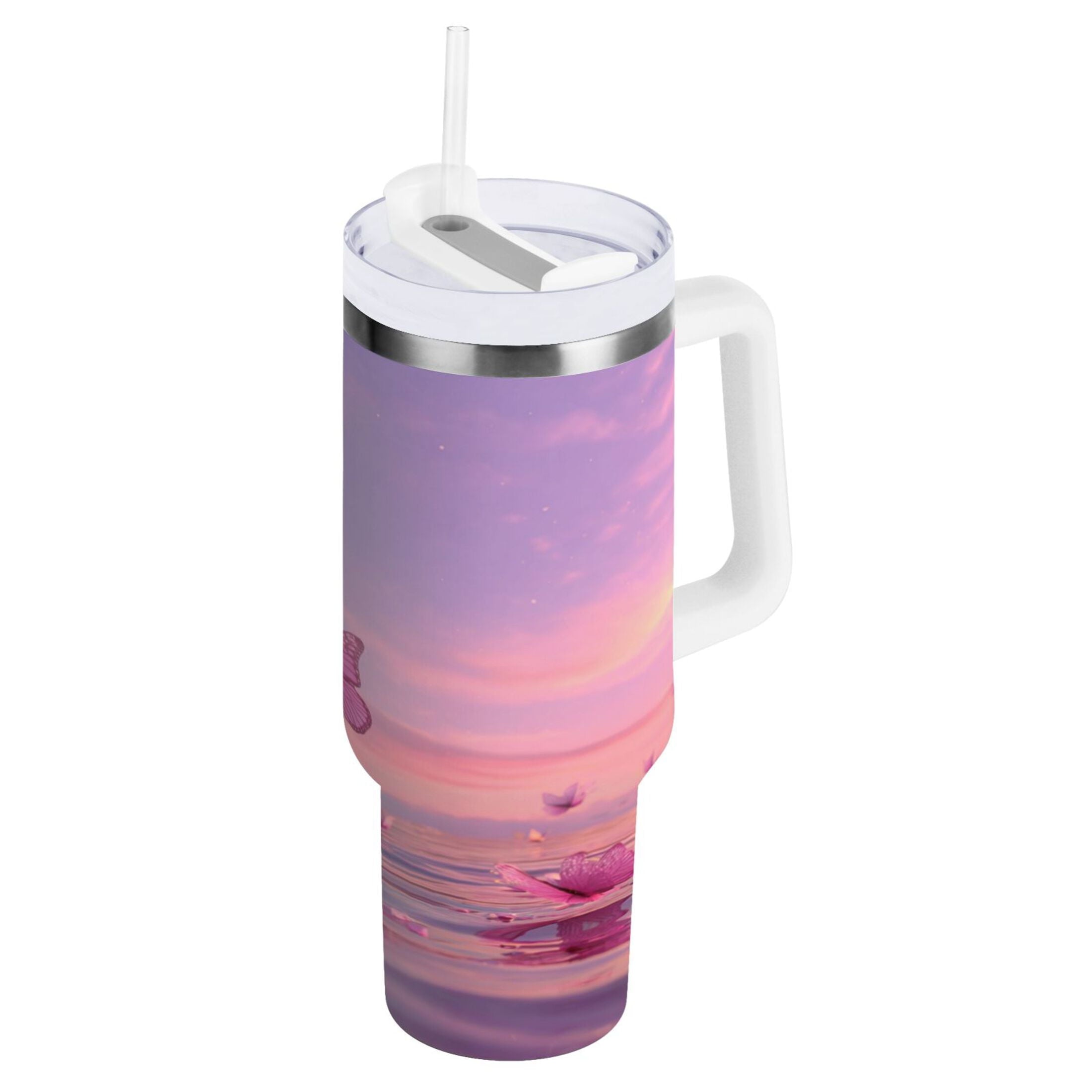 30 oz Insulated Stainless Steel Tumbler Double Wall Stainless Steel Tumbler with 2-Way Drinking Pink Butterflies Flying M492U